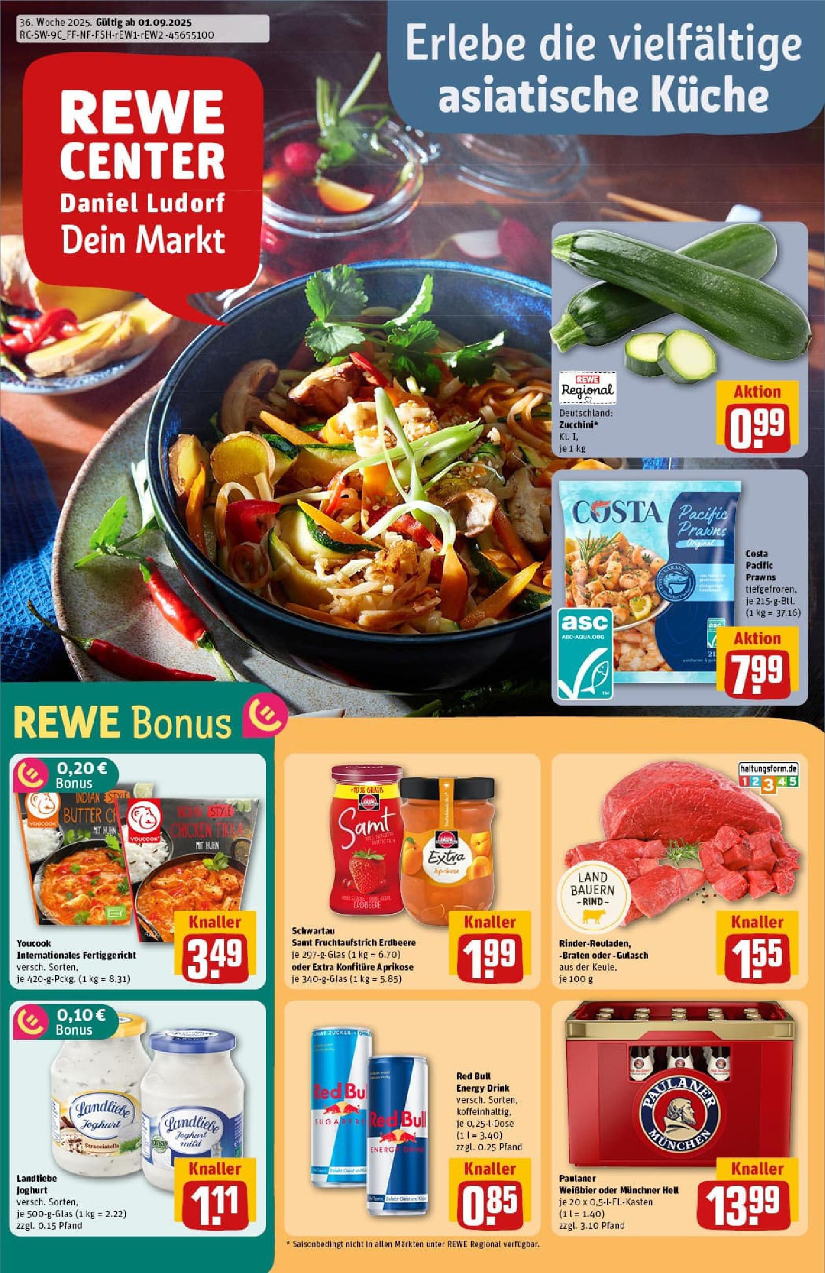 REWE Prospekt ab 01.09.2025 zum Blättern » Angebote | Seite: 1 | Produkte: Red bull, Weißbier, Gulasch, Landliebe joghurt REWE Prospekt ab 01.09.2025 zum Blättern » Angebote | Seite: 1 | Produkte: Red bull, Weißbier, Gulasch, Landliebe joghurt