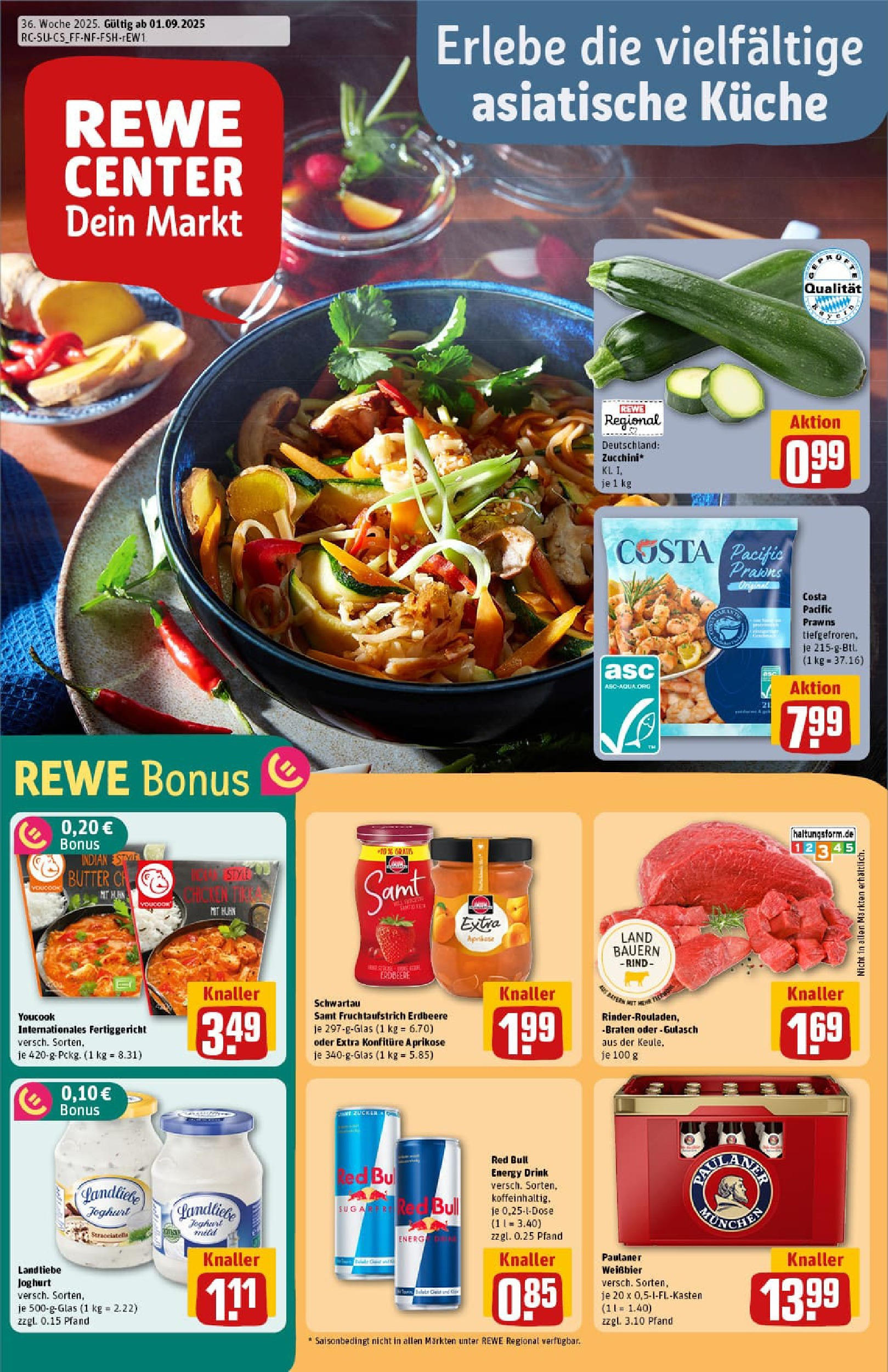 REWE Prospekt ab 01.09.2025 zum Blättern » Angebote | Seite: 1 | Produkte: Weißbier, Küche, Landliebe joghurt, Zucchini