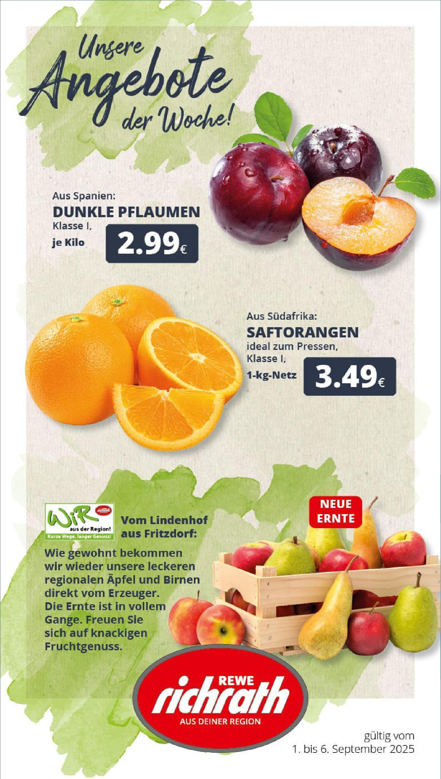 REWE Prospekt ab 01.09.2025 zum Blättern » Angebote | Seite: 1 | Produkte: Pflaumen, Äpfel
