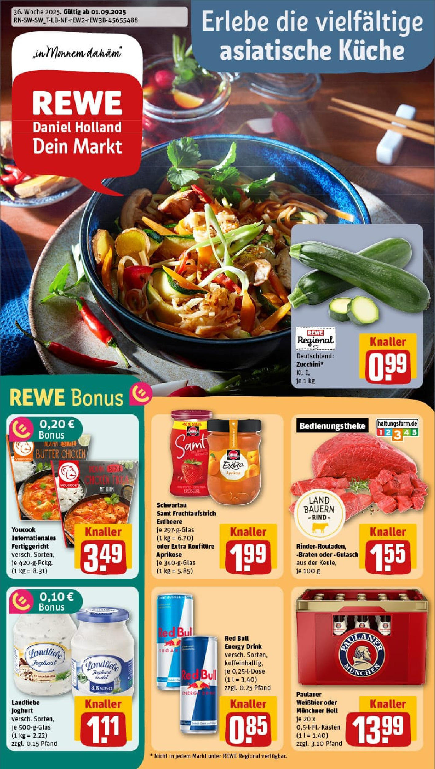 REWE Prospekt ab 01.09.2025 zum Blättern » Angebote | Seite: 1 | Produkte: Youcook, Red bull, Weißbier, Gulasch