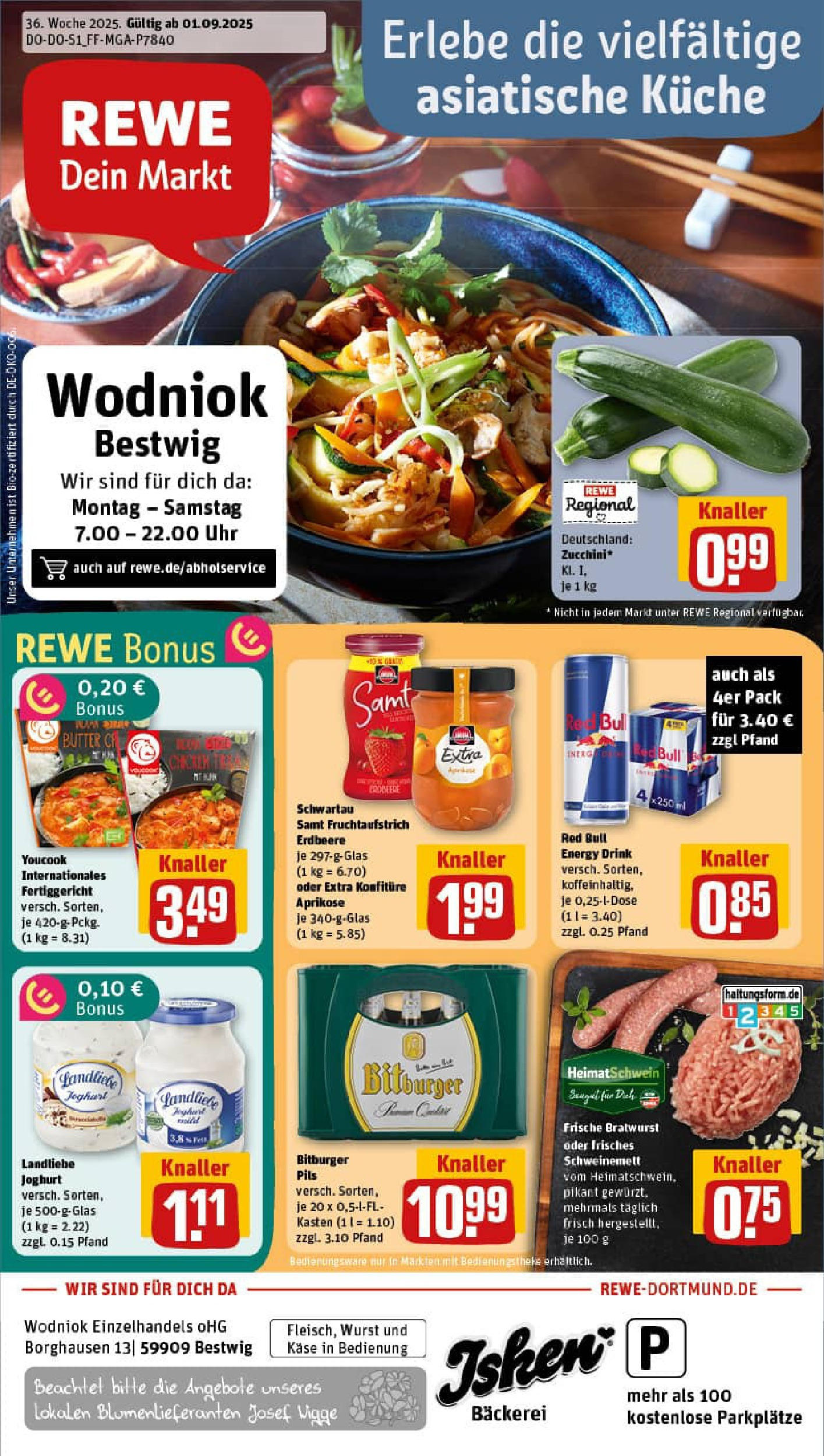 REWE Prospekt ab 01.09.2025 zum Blättern » Angebote | Seite: 1 | Produkte: Bäckerei, Red bull, Käse, Landliebe joghurt REWE Prospekt ab 01.09.2025 zum Blättern » Angebote | Seite: 1 | Produkte: Bäckerei, Red bull, Käse, Landliebe joghurt