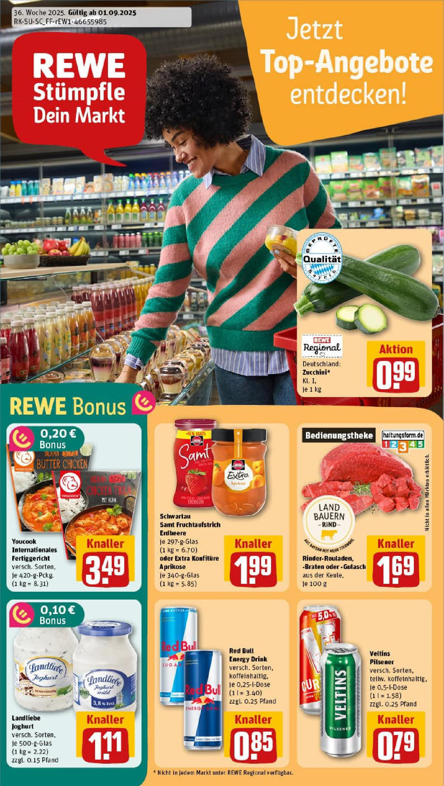 REWE Prospekt ab 01.09.2025 zum Blättern » Angebote | Seite: 1 | Produkte: Youcook, Energy, Zucchini, Veltins REWE Prospekt ab 01.09.2025 zum Blättern » Angebote | Seite: 1 | Produkte: Youcook, Energy, Zucchini, Veltins