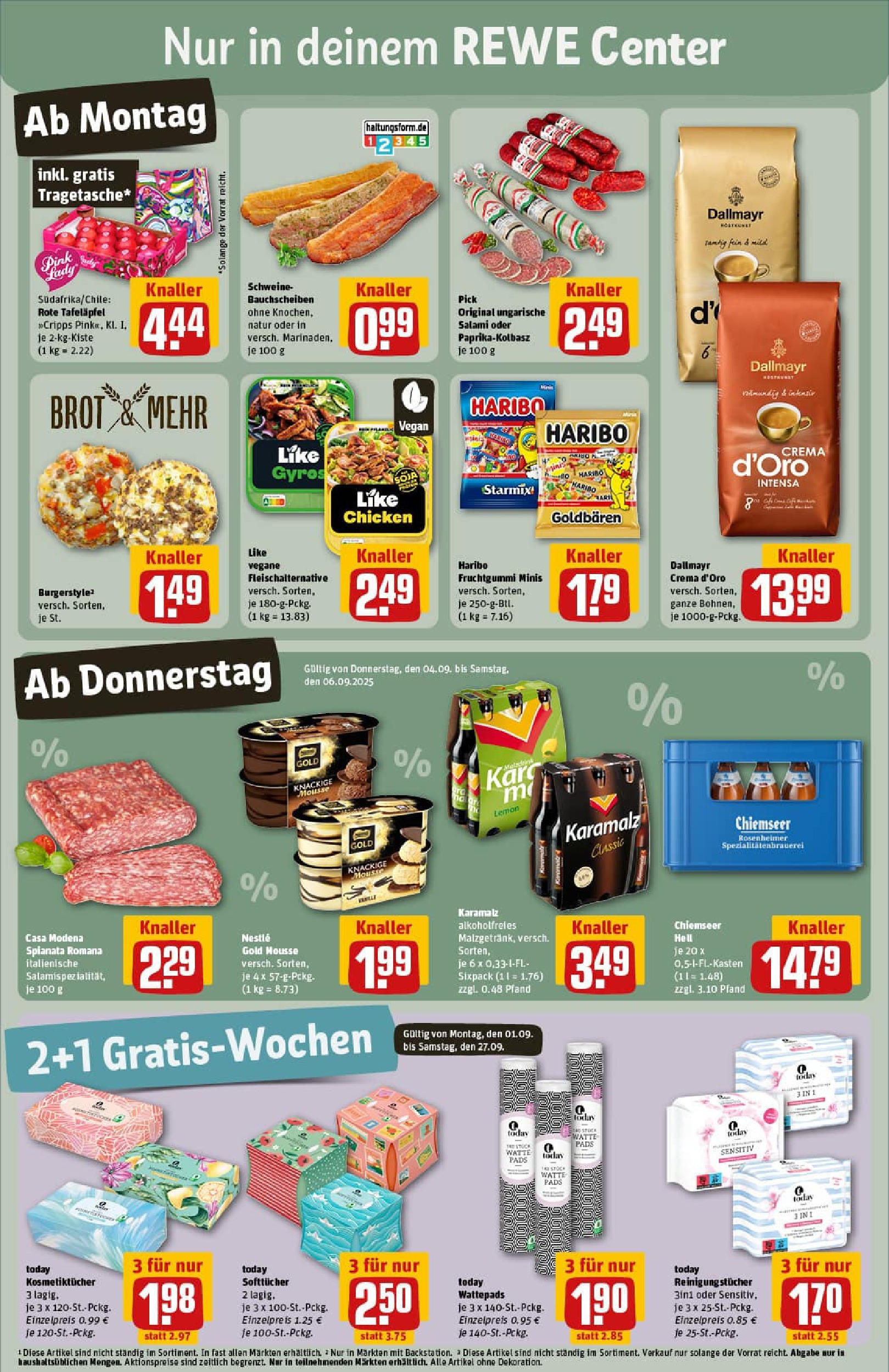 REWE Prospekt ab 01.09.2025 zum Blättern » Angebote | Seite: 3 | Produkte: Wattepads, Haribo, Salami, Pizza REWE Prospekt ab 01.09.2025 zum Blättern » Angebote | Seite: 3 | Produkte: Wattepads, Haribo, Salami, Pizza