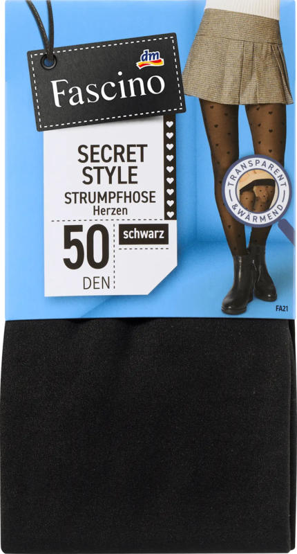 Fascino Strumpfhose Secret Style mit Herz-Muster & Transparent-Optik schwarz Gr. 38/40, 50 DEN