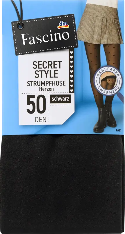 Fascino Strumpfhose Secret Style mit Herz-Muster & Transparent-Optik schwarz Gr. 46/48, 50 DEN