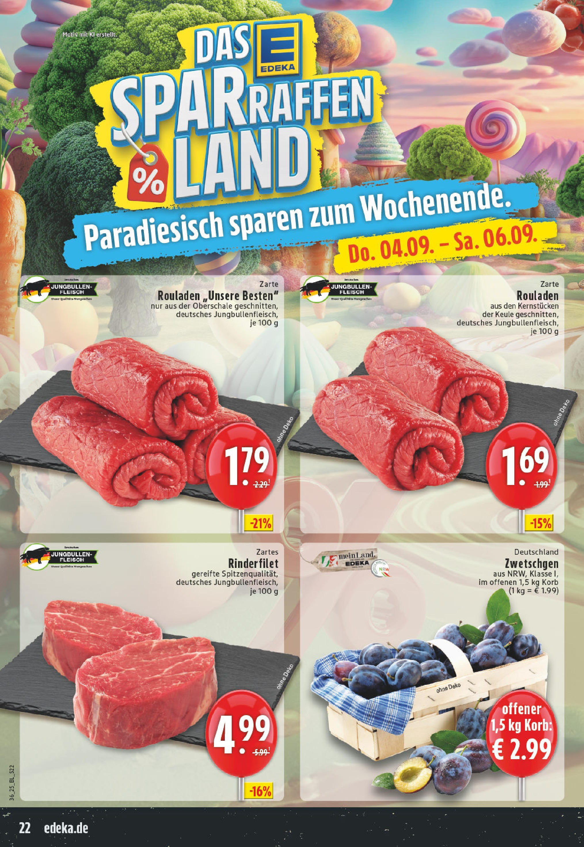 Edeka prospekt Köln-Worringen	 (ab 01.09.2025) » Angebote Online | Seite: 22 | Produkte: Rinderfilet, Korb, Zwetschgen, Fleisch