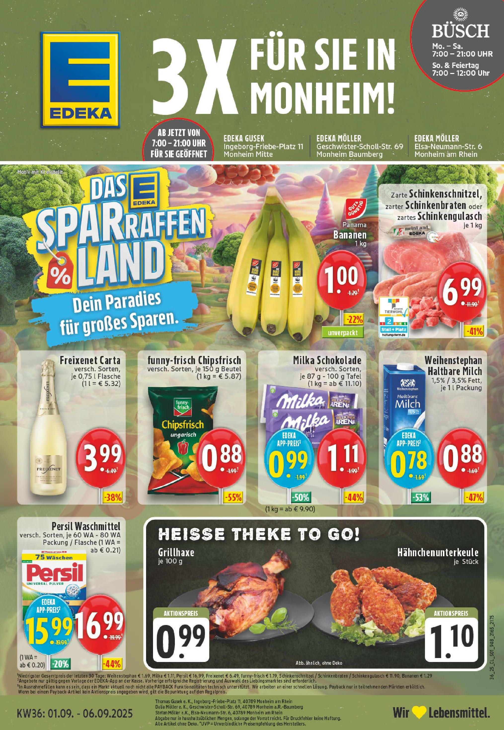 Edeka prospekt Monheim Am Rhein (ab 01.09.2025) » Angebote Online | Seite: 1 | Produkte: Milch, Milka schokolade, Bananen, Persil Edeka prospekt Monheim Am Rhein (ab 01.09.2025) » Angebote Online | Seite: 1 | Produkte: Milch, Milka schokolade, Bananen, Persil