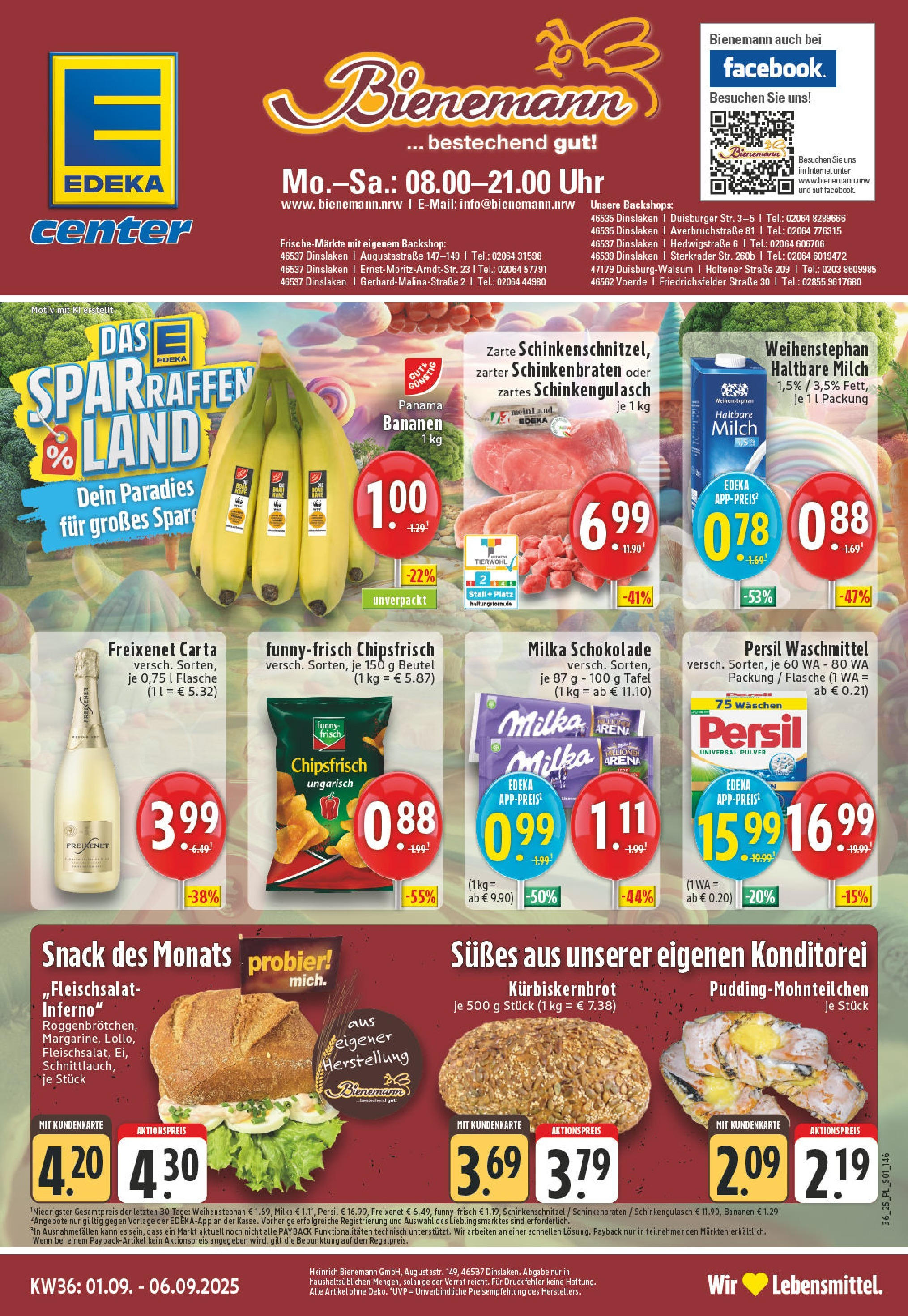 Edeka prospekt Dinslaken (ab 01.09.2025) » Angebote Online | Seite: 1 | Produkte: Freixenet, Haltbare milch, Bananen, Chips Edeka prospekt Dinslaken (ab 01.09.2025) » Angebote Online | Seite: 1 | Produkte: Freixenet, Haltbare milch, Bananen, Chips