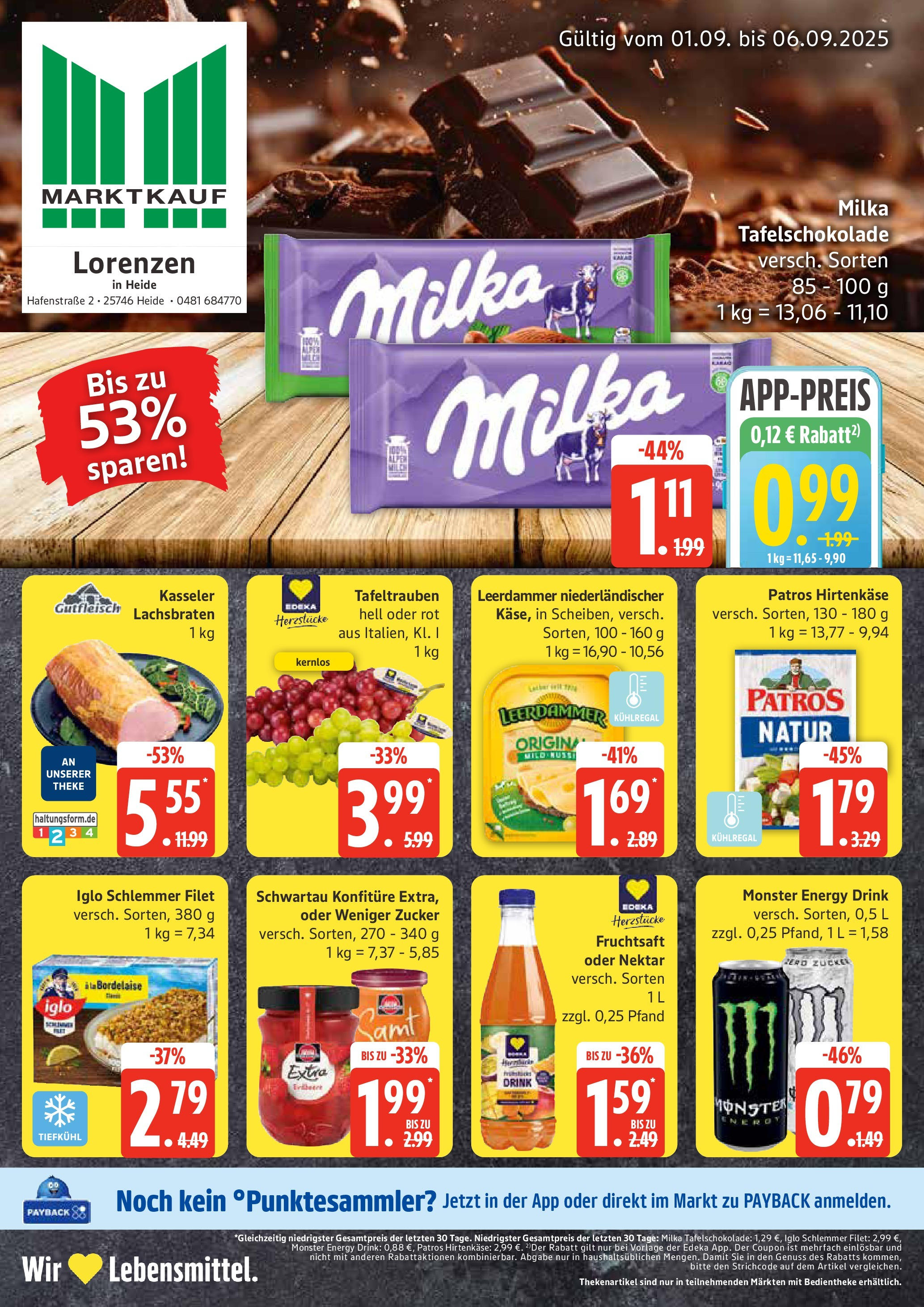 Marktkauf - Marktkauf: Wochenangebote (ab 01.09.2025) » Angebote ab Montag | Seite: 1 | Produkte: Milka, Leerdammer, Monster, Fruchtsaft Marktkauf - Marktkauf: Wochenangebote (ab 01.09.2025) » Angebote online | Seite: 1 | Produkte: Milka, Leerdammer, Monster, Fruchtsaft