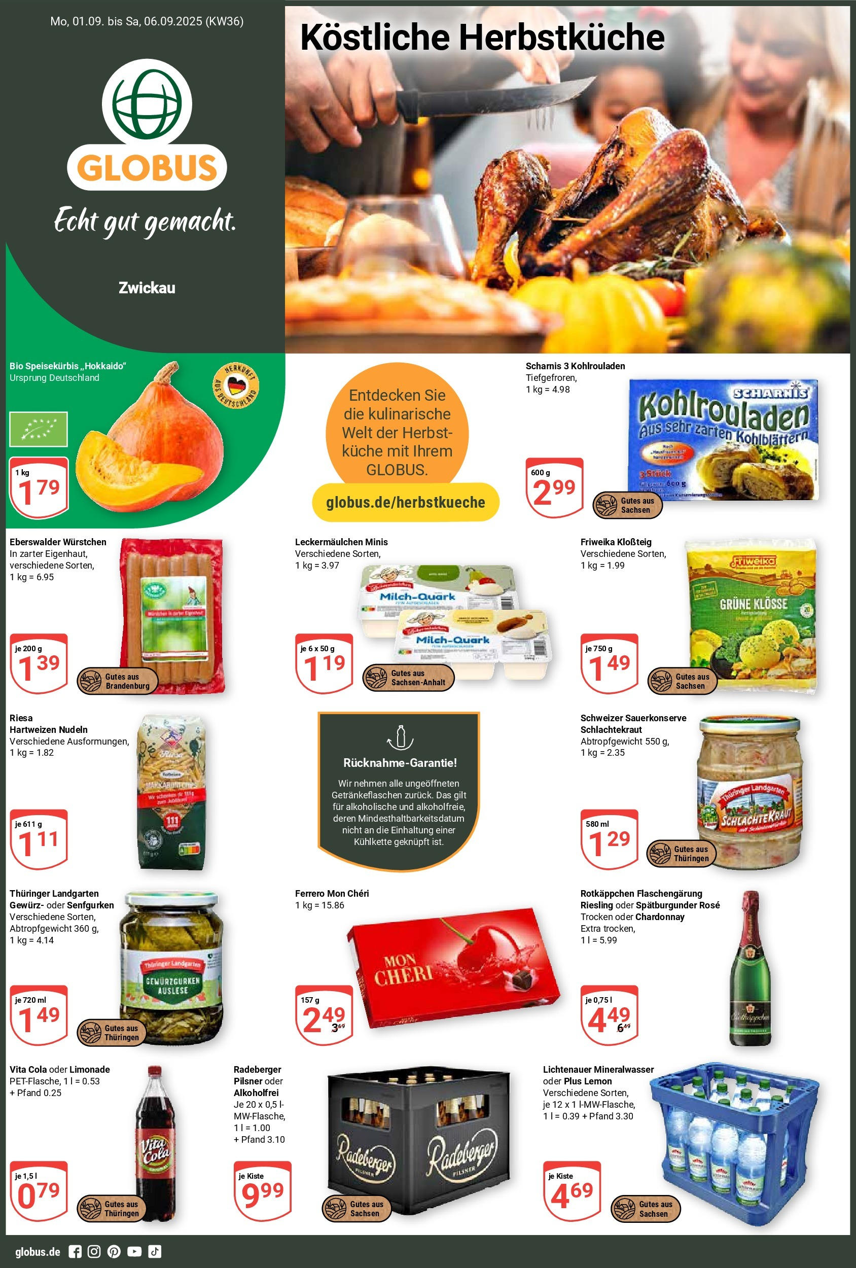 Globus prospekt Zwickau	 (ab 01.09.2025) » Angebote online | Seite: 1 | Produkte: Limonade, Mineralwasser, Vita cola, Nudeln