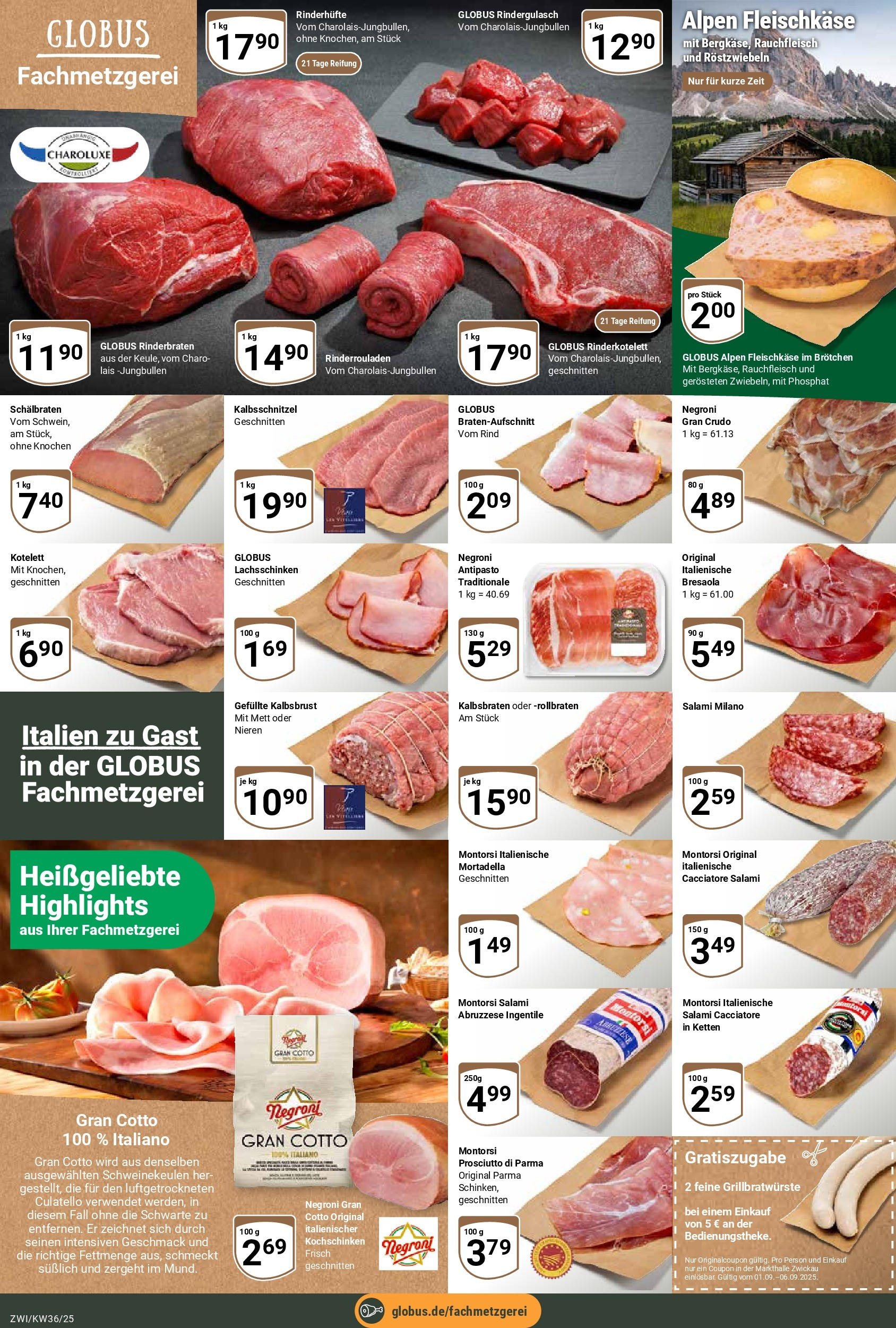 Globus prospekt Zwickau	 (ab 01.09.2025) » Angebote online | Seite: 9 | Produkte: Rinderrouladen, Rinderbraten, Rindergulasch, Salami