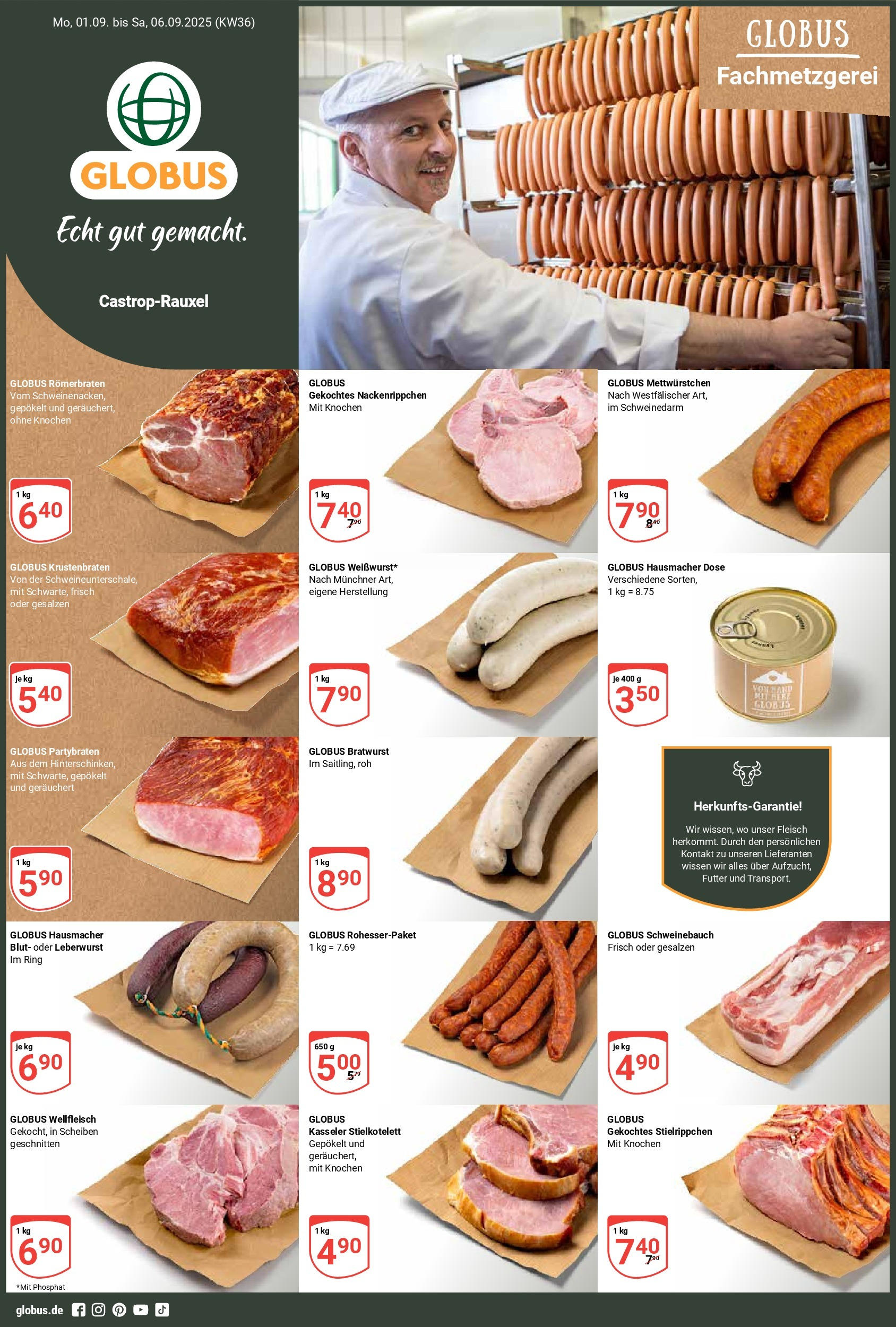 Globus prospekt Castrop-Rauxel (ab 01.09.2025) » Angebote ab Montag | Seite: 1 | Produkte: Schweinebauch, Bratwurst, Krustenbraten, Fleisch Globus prospekt Castrop-Rauxel (ab 01.09.2025) » Angebote online | Seite: 1 | Produkte: Schweinebauch, Bratwurst, Krustenbraten, Fleisch