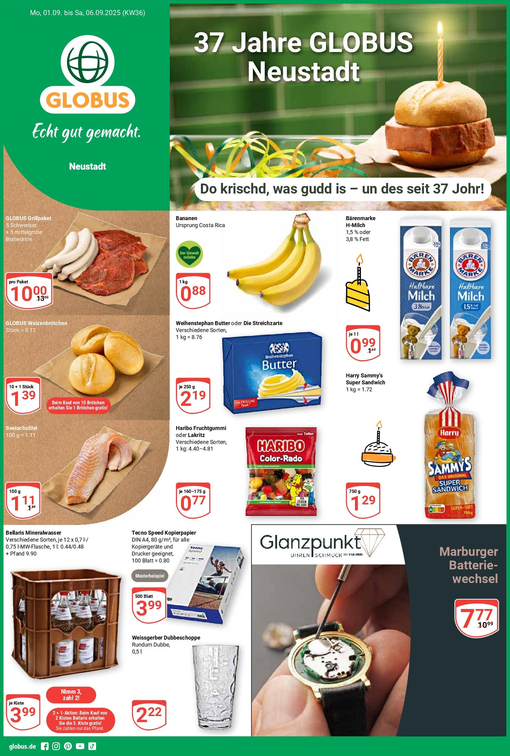 Globus prospekt Neustadt (ab 01.09.2025) » Angebote ab Montag | Seite: 1 | Produkte: Butter, Haltbare milch, Bananen, Drucker Globus prospekt Neustadt (ab 01.09.2025) » Angebote online | Seite: 1 | Produkte: Butter, Haltbare milch, Bananen, Drucker