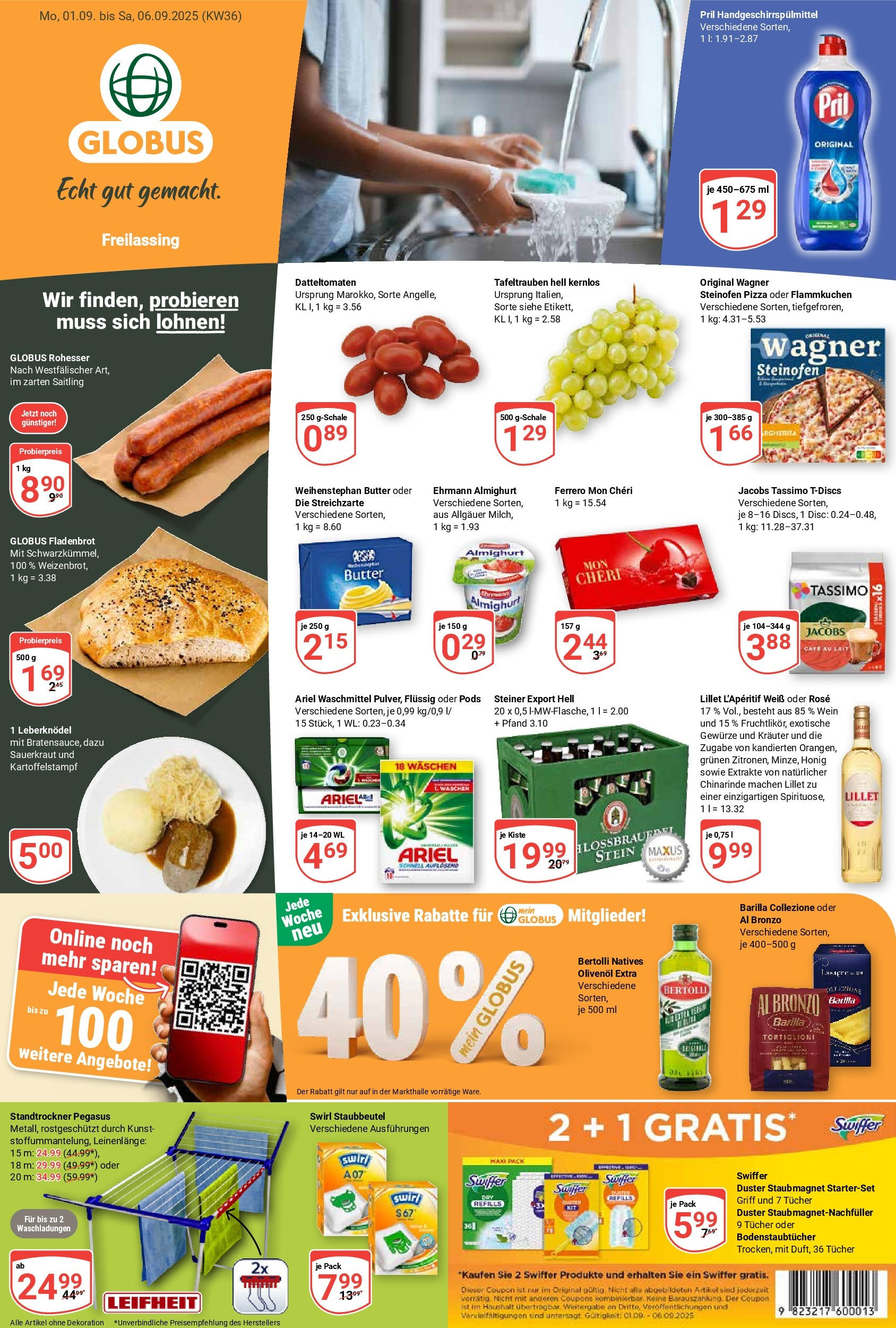 Globus prospekt Freilassing (ab 01.09.2025) » Angebote ab Montag | Seite: 1 | Produkte: Ehrmann almighurt, Barilla, Swiffer, Tassimo Globus prospekt Freilassing (ab 01.09.2025) » Angebote online | Seite: 1 | Produkte: Ehrmann almighurt, Barilla, Swiffer, Tassimo