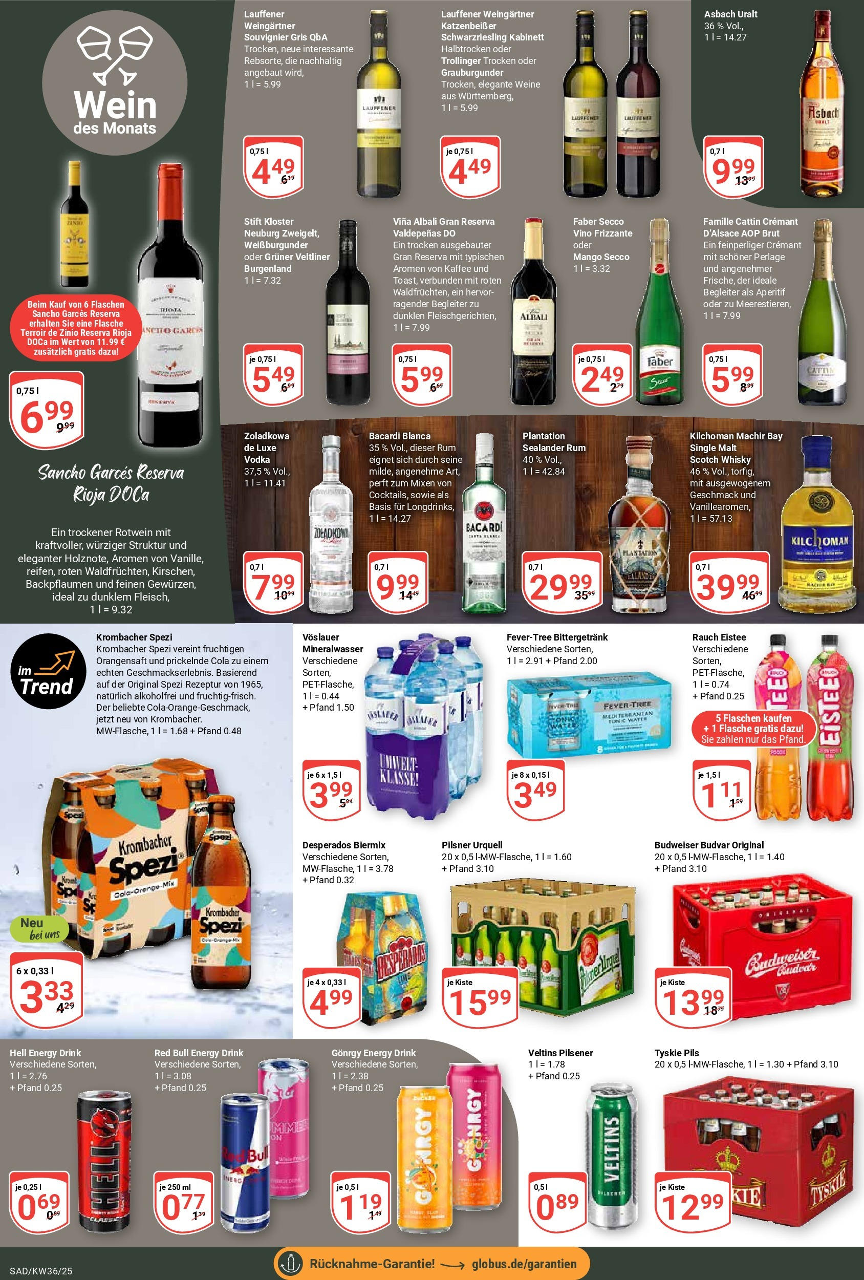 Globus prospekt Schwandorf	 (ab 01.09.2025) » Angebote online | Seite: 19 | Produkte: Whisky, Energy, Rum, Pilsner urquell