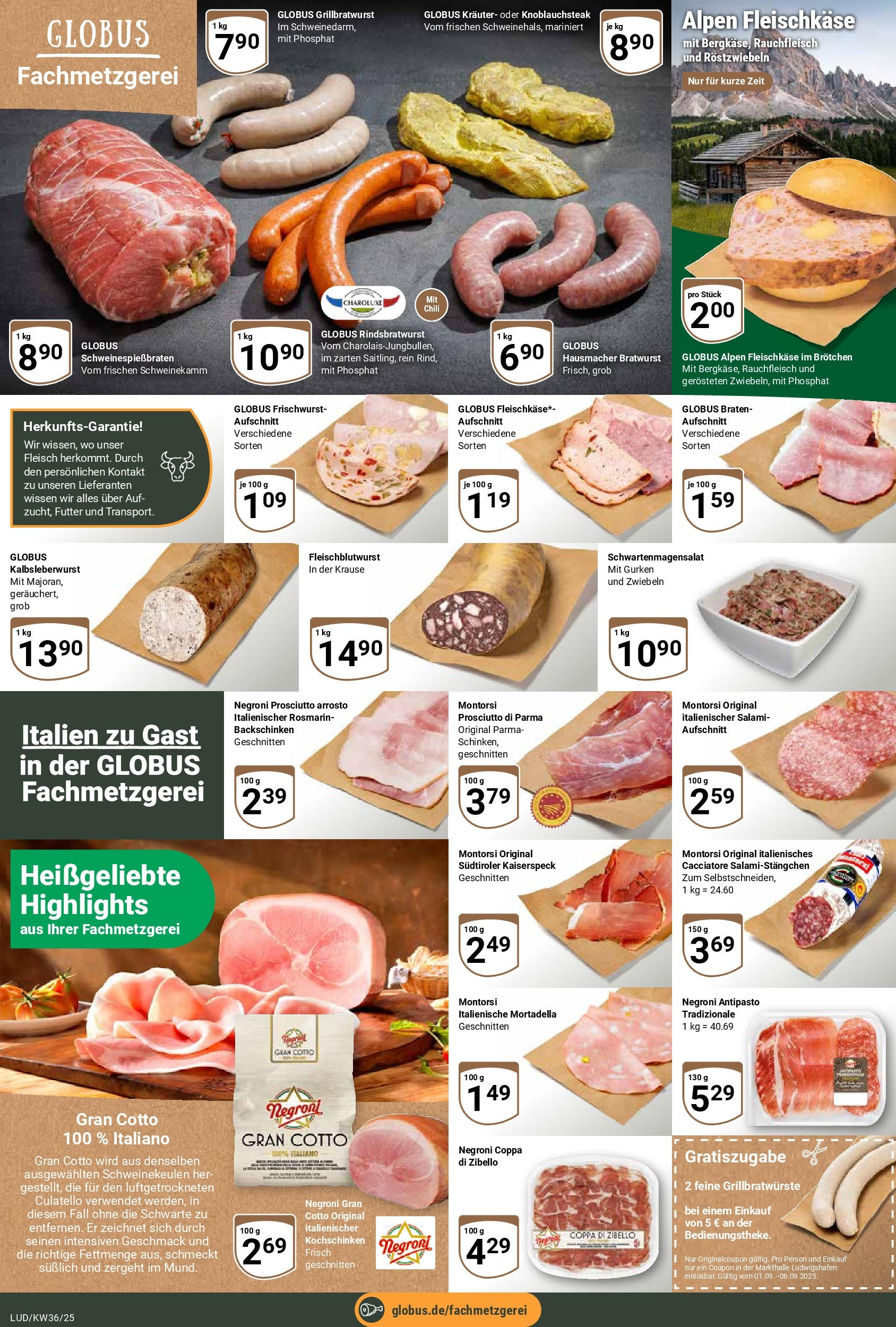 Globus prospekt Ludwigshafen-Oggersheim	 (ab 01.09.2025) » Angebote online | Seite: 10 | Produkte: Bratwurst, Zwiebeln, Salami, Gurken