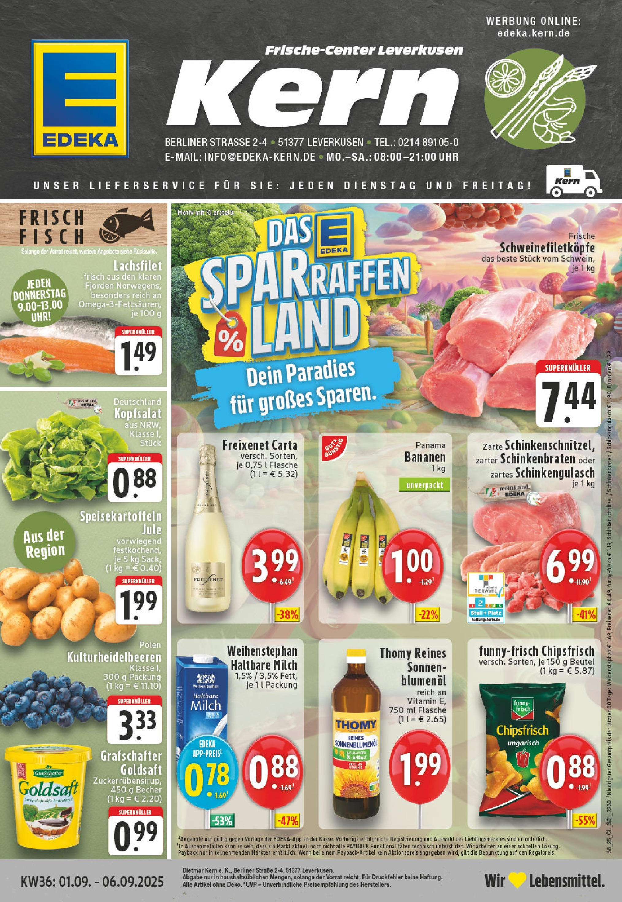 Edeka prospekt Leverkusen (ab 01.09.2025) » Angebote Online | Seite: 1 | Produkte: Haltbare milch, Fisch, Chips, Uhr Edeka prospekt Leverkusen (ab 01.09.2025) » Angebote Online | Seite: 1 | Produkte: Haltbare milch, Fisch, Chips, Uhr