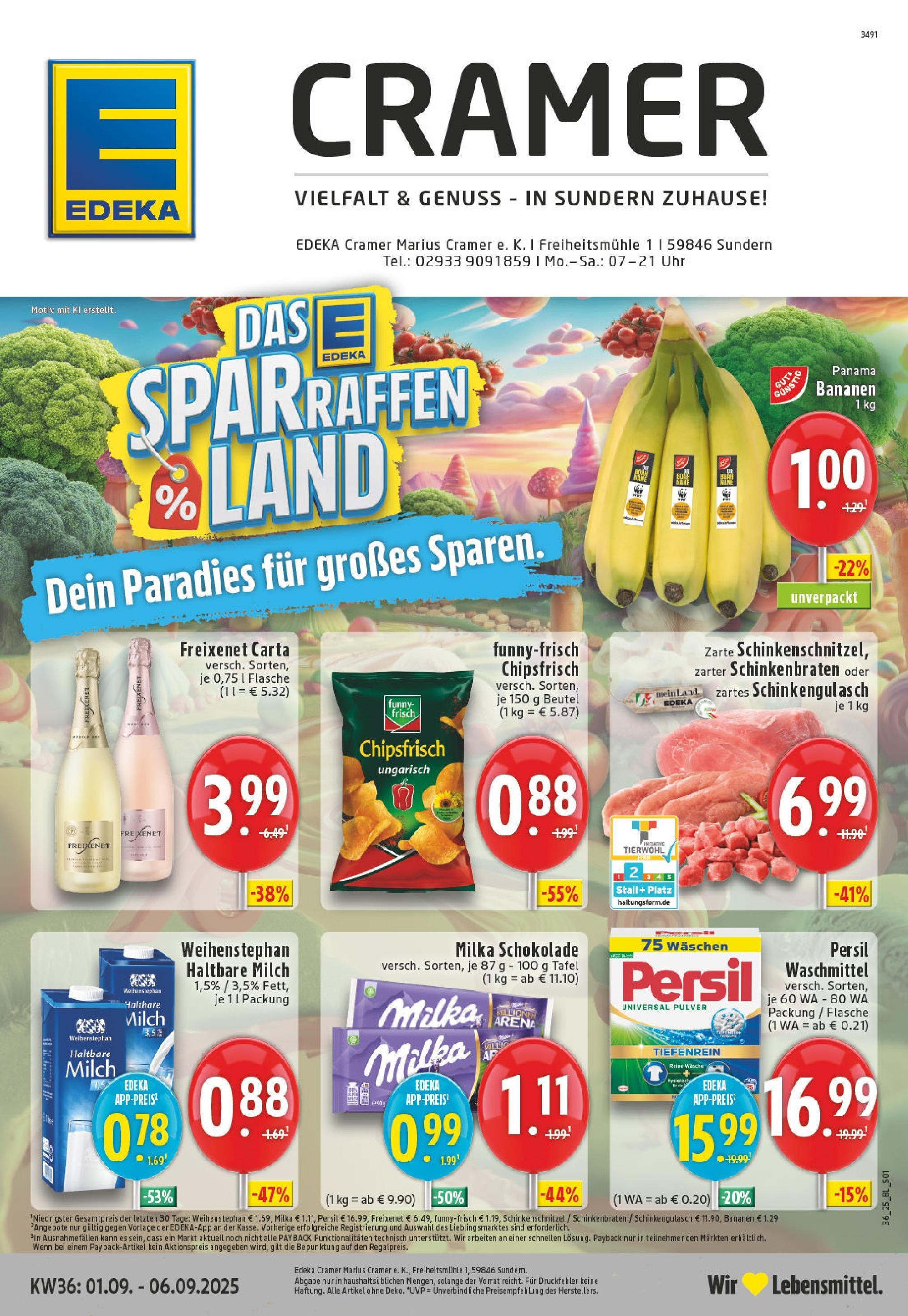 Edeka prospekt Sundern (ab 01.09.2025) » Angebote Online | Seite: 1 | Produkte: Schokolade, Milka schokolade, Bananen, Chips Edeka prospekt Sundern (ab 01.09.2025) » Angebote Online | Seite: 1 | Produkte: Schokolade, Milka schokolade, Bananen, Chips