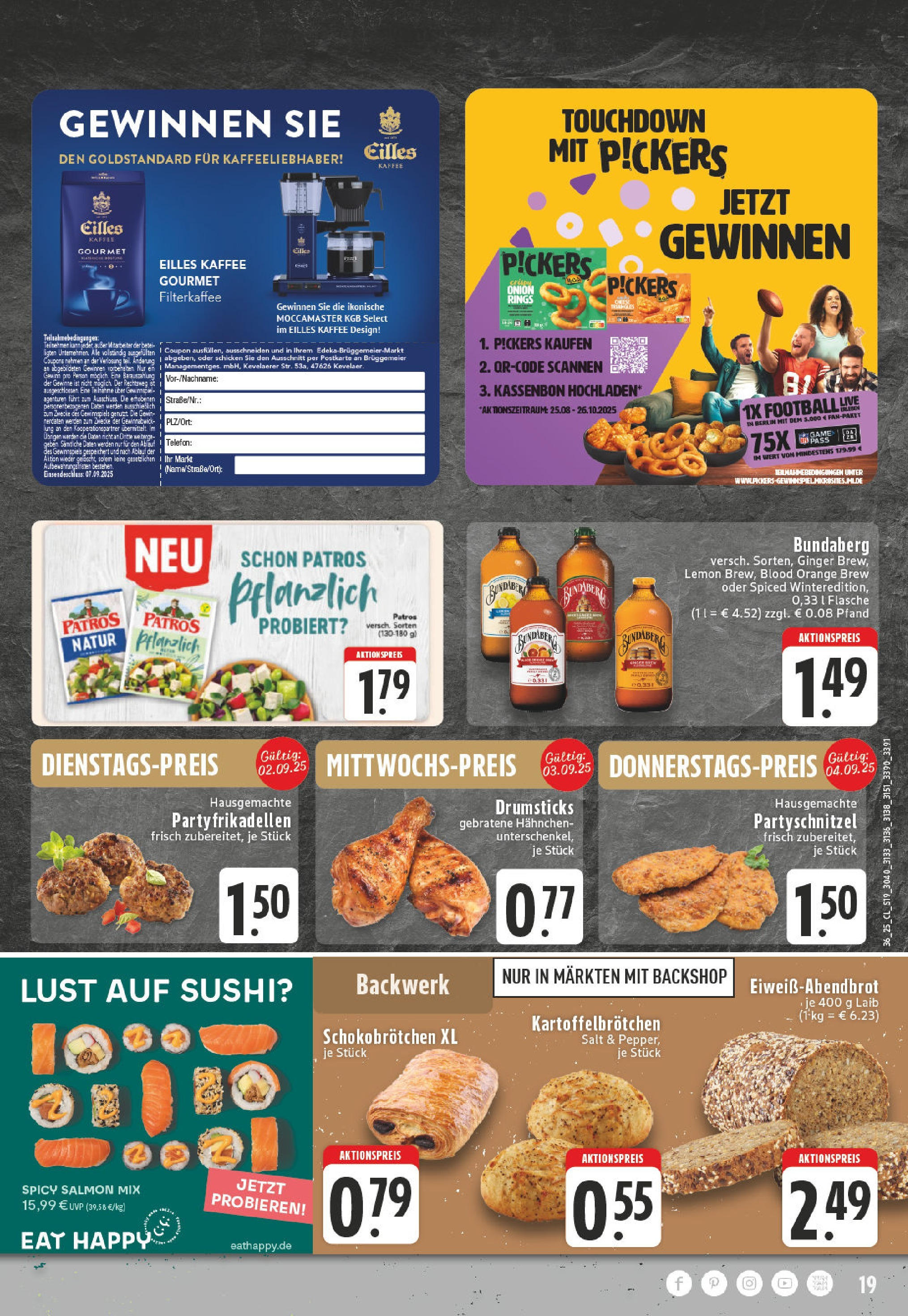 Edeka prospekt Kevelaer (ab 01.09.2025) » Angebote Online | Seite: 19 | Produkte: Hahnchen, Eilles kaffee, Patros, Schnitzel Edeka prospekt Kevelaer (ab 01.09.2025) » Angebote Online | Seite: 19 | Produkte: Hahnchen, Eilles kaffee, Patros, Schnitzel