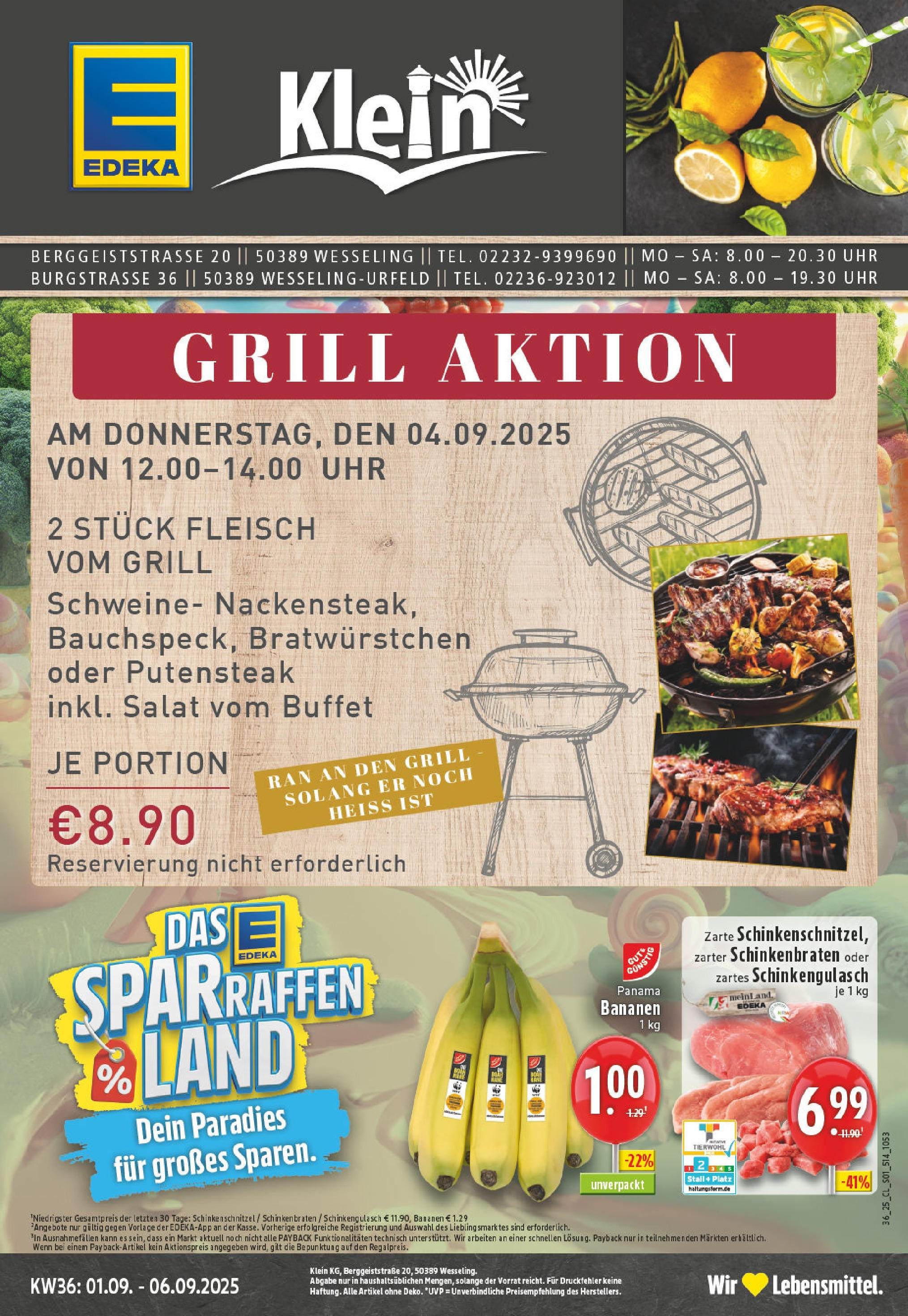 Edeka prospekt Wesseling-Urfeld (ab 01.09.2025) » Angebote Online | Seite: 1 | Produkte: Bananen, Fleisch, Salat, Uhr Edeka prospekt Wesseling-Urfeld (ab 01.09.2025) » Angebote Online | Seite: 1 | Produkte: Bananen, Fleisch, Salat, Uhr