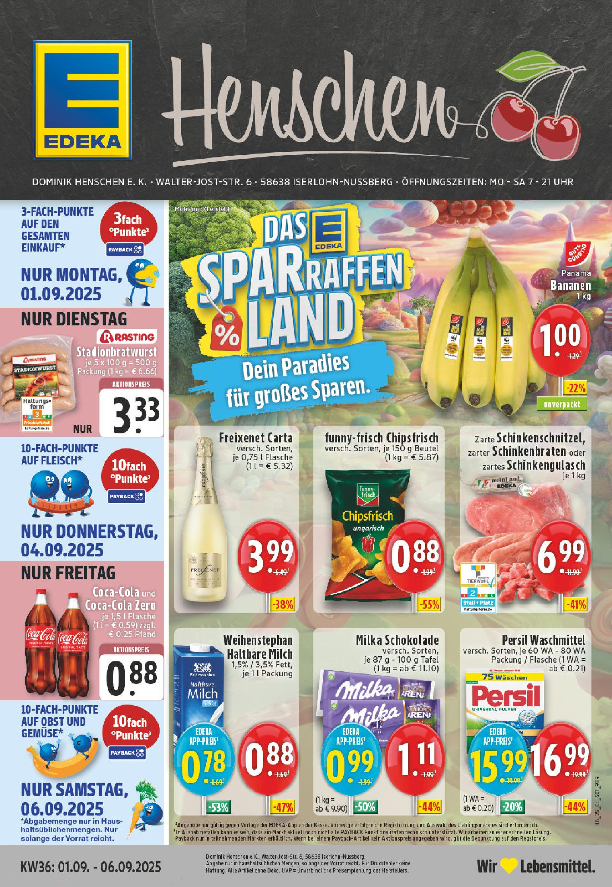 Edeka prospekt Iserlohn (ab 01.09.2025) » Angebote Online | Seite: 1 | Produkte: Freixenet, Schokolade, Bananen, Milka Edeka prospekt Iserlohn (ab 01.09.2025) » Angebote Online | Seite: 1 | Produkte: Freixenet, Schokolade, Bananen, Milka