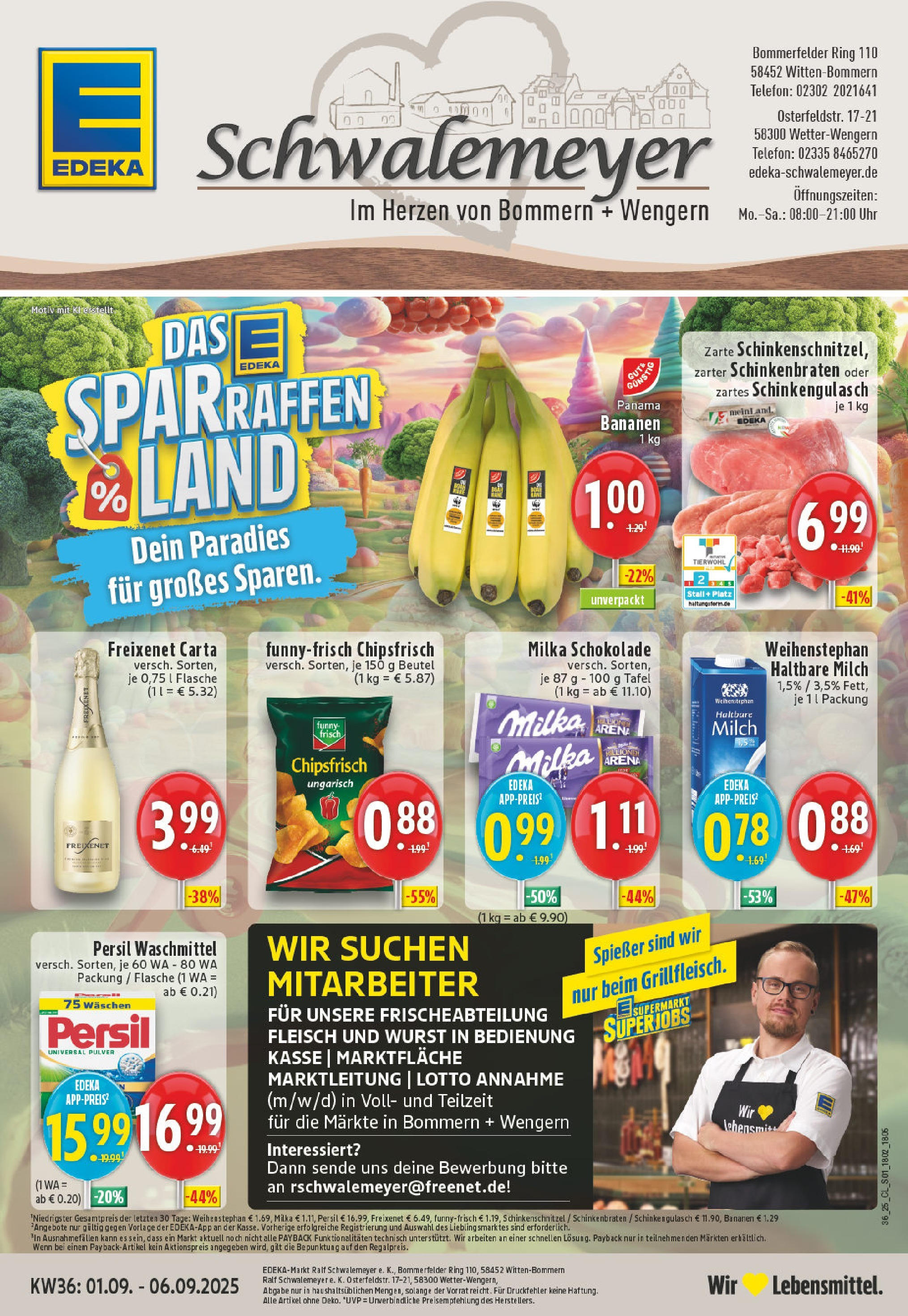 Edeka prospekt Witten-Bommern (ab 01.09.2025) » Angebote Online | Seite: 1 | Produkte: Haltbare milch, Chips, Fleisch, Telefon Edeka prospekt Witten-Bommern (ab 01.09.2025) » Angebote Online | Seite: 1 | Produkte: Haltbare milch, Chips, Fleisch, Telefon