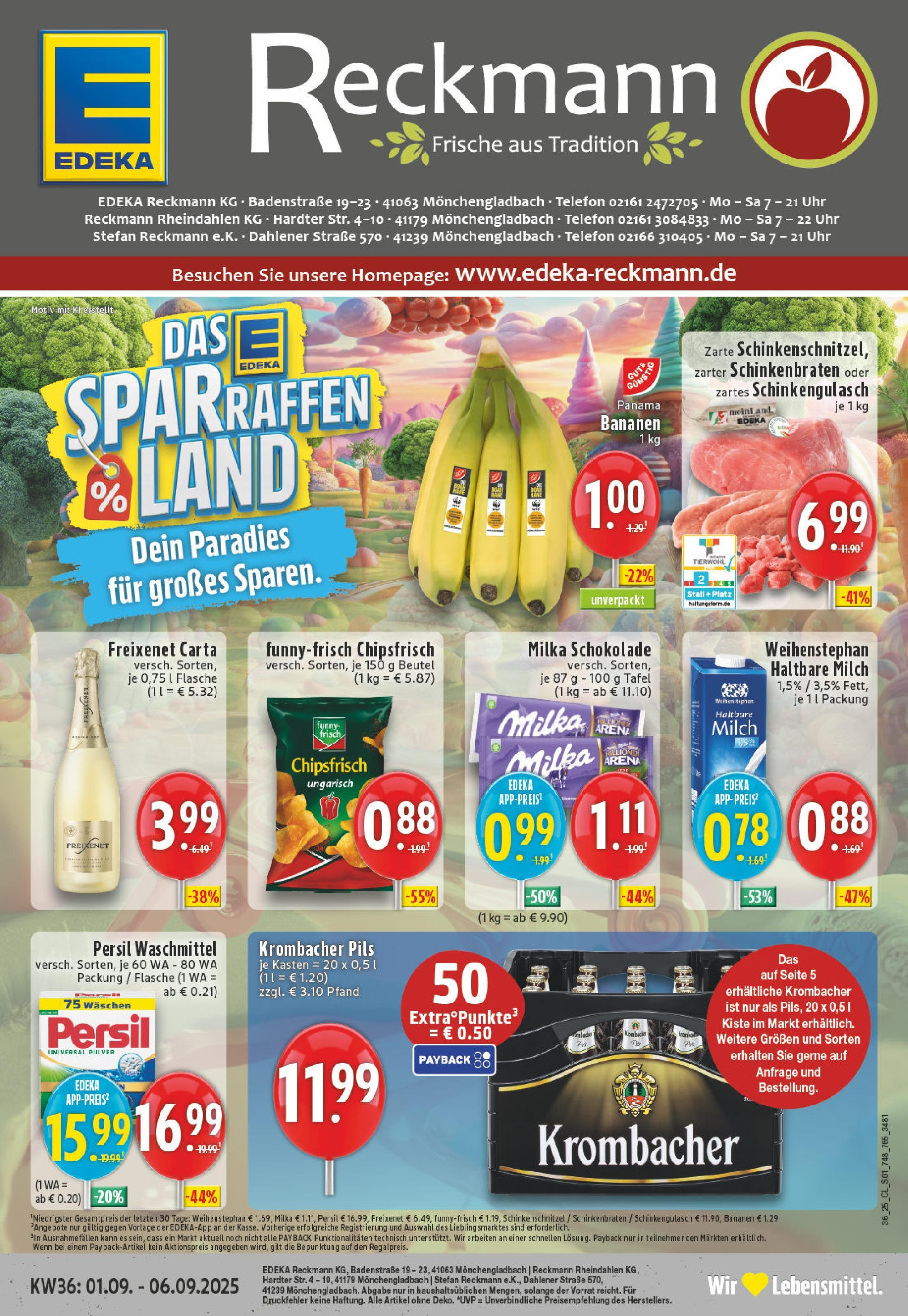 Edeka prospekt Mönchengladbach (ab 01.09.2025) » Angebote Online | Seite: 1 | Produkte: Bananen, Schinken, Telefon, Persil Edeka prospekt Mönchengladbach (ab 01.09.2025) » Angebote Online | Seite: 1 | Produkte: Bananen, Schinken, Telefon, Persil