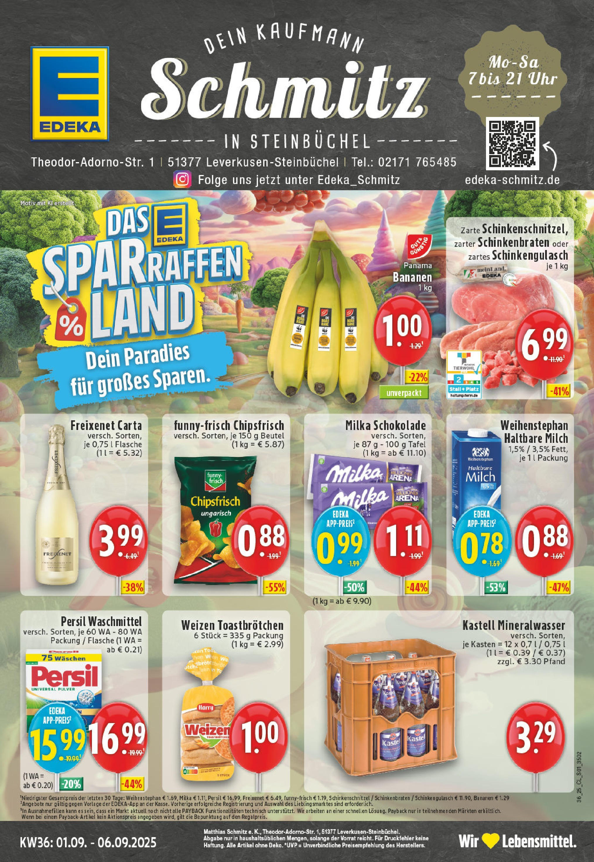 Edeka prospekt Leverkusen (ab 01.09.2025) » Angebote Online | Seite: 1 | Produkte: Haltbare milch, Bananen, Gulasch, Uhr Edeka prospekt Leverkusen (ab 01.09.2025) » Angebote Online | Seite: 1 | Produkte: Haltbare milch, Bananen, Gulasch, Uhr