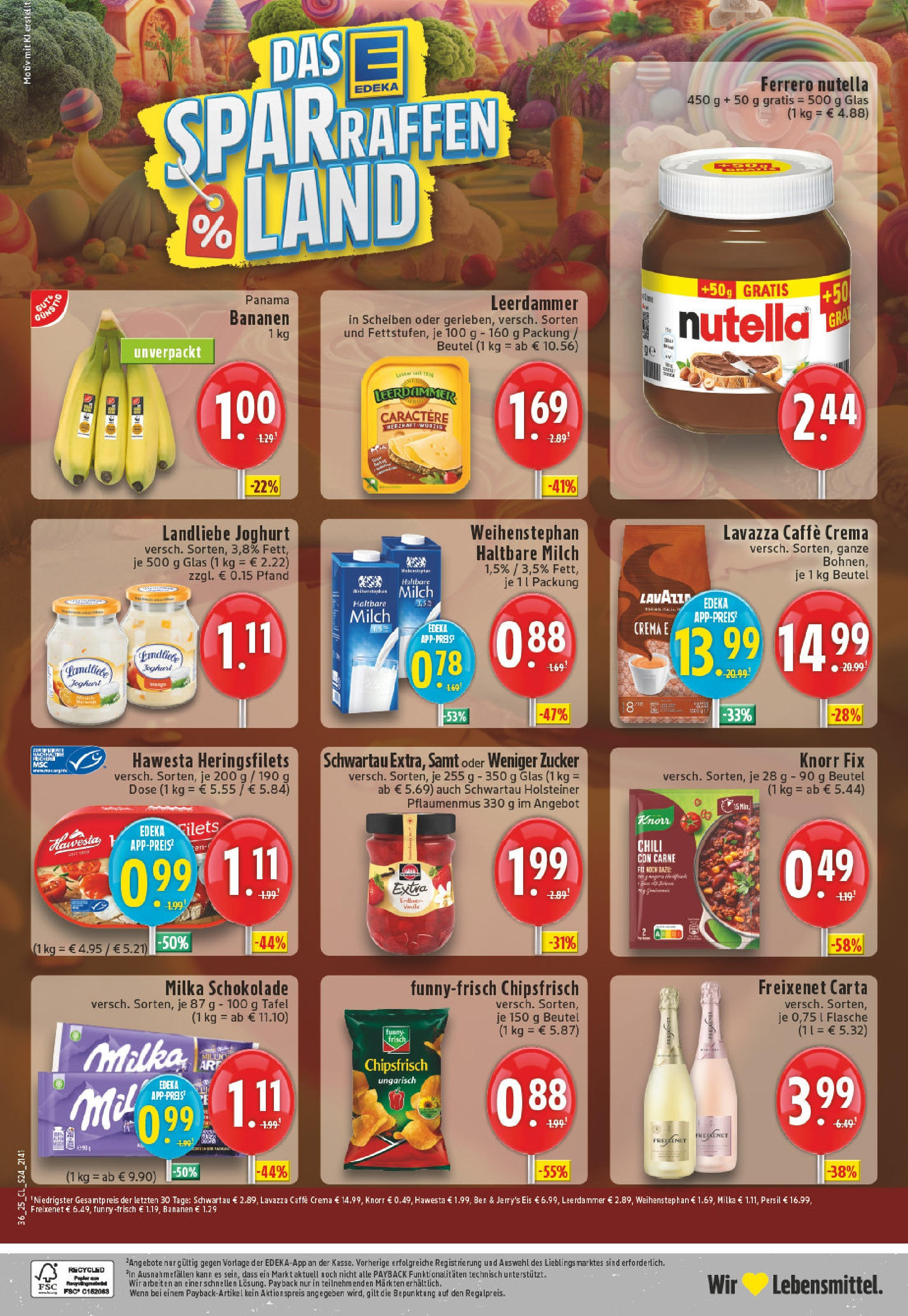 Edeka prospekt Solingen-Wald (ab 01.09.2025) » Angebote Online | Seite: 24 | Produkte: Milch, Bananen, Nutella, Eis Edeka prospekt Solingen-Wald (ab 01.09.2025) » Angebote Online | Seite: 24 | Produkte: Milch, Bananen, Nutella, Eis