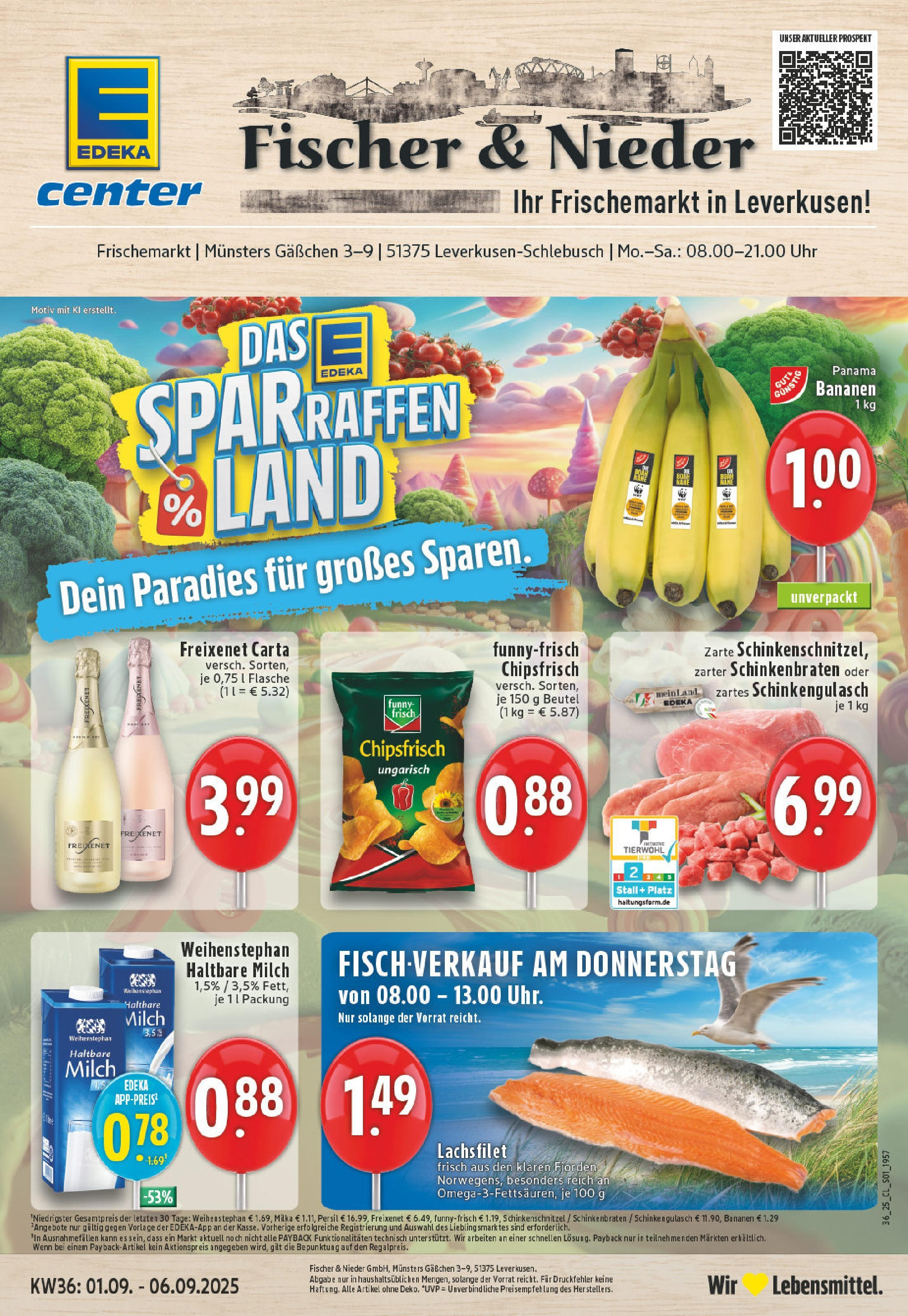 Edeka prospekt Leverkusen-Schlebusch (ab 01.09.2025) » Angebote Online | Seite: 1 | Produkte: Freixenet, Haltbare milch, Schinken, Uhr Edeka prospekt Leverkusen-Schlebusch (ab 01.09.2025) » Angebote Online | Seite: 1 | Produkte: Freixenet, Haltbare milch, Schinken, Uhr