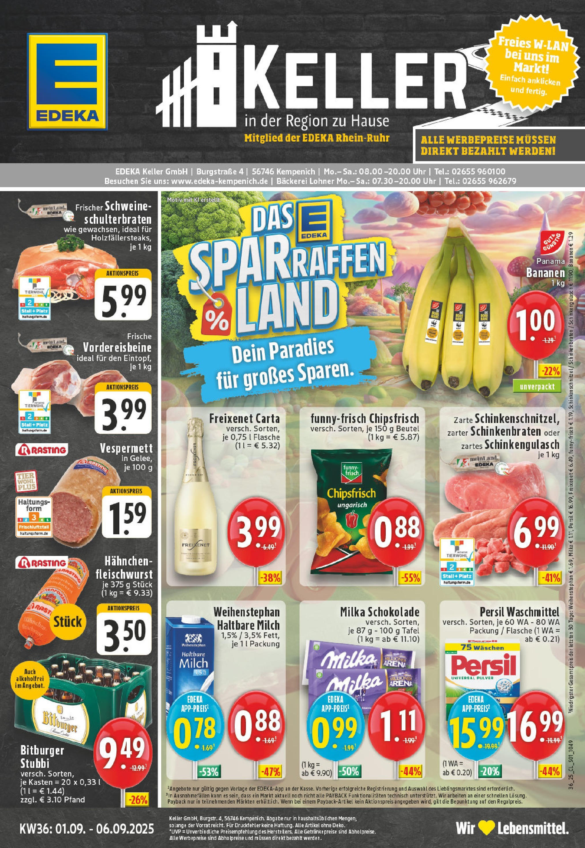 Edeka prospekt Kempenich (ab 01.09.2025) » Angebote Online | Seite: 1 | Produkte: Bitburger, Burger, Chips, Uhr Edeka prospekt Kempenich (ab 01.09.2025) » Angebote Online | Seite: 1 | Produkte: Bitburger, Burger, Chips, Uhr