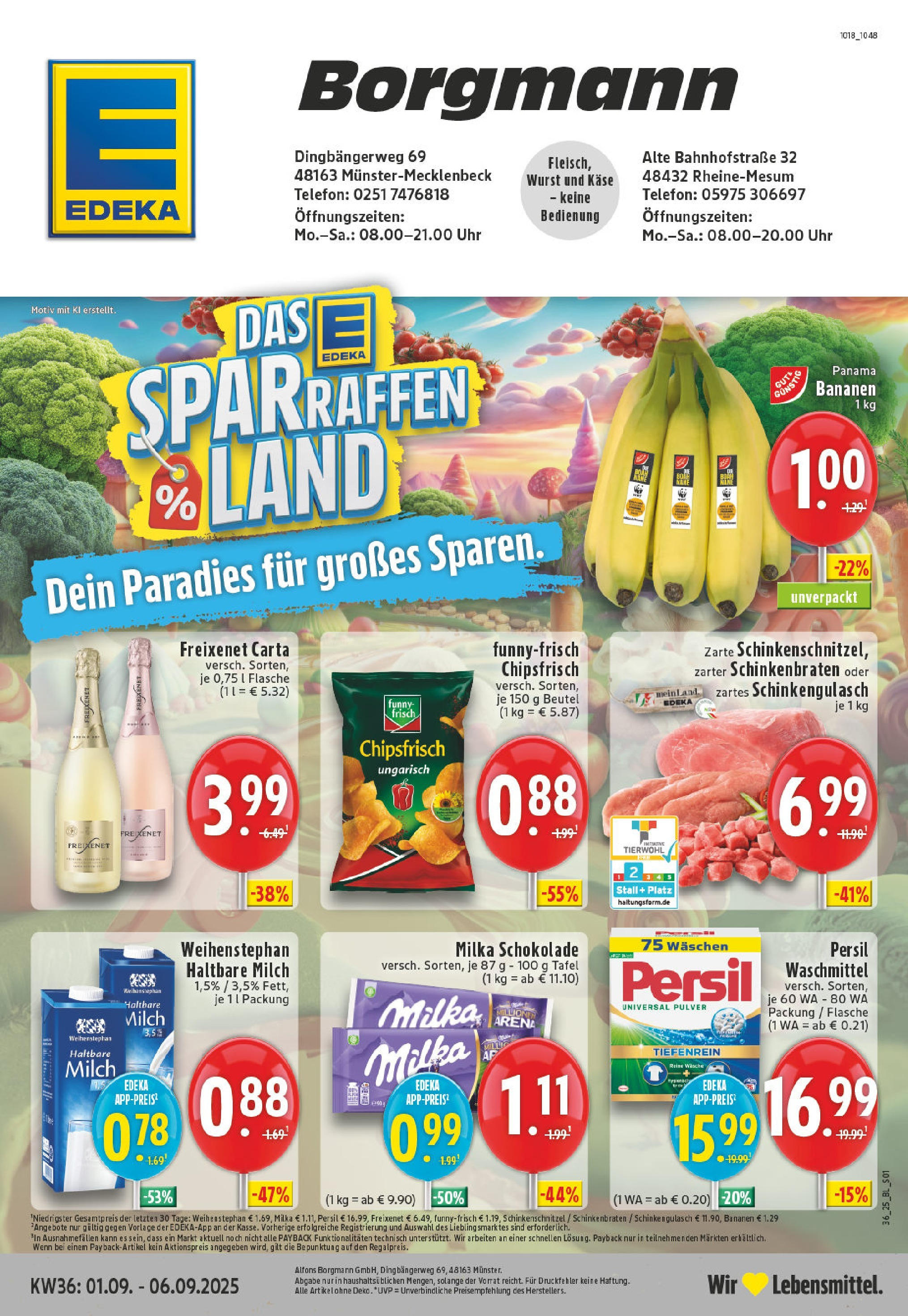 Edeka prospekt Münster (ab 01.09.2025) » Angebote Online | Seite: 1 | Produkte: Milch, Bananen, Uhr, Persil Edeka prospekt Münster (ab 01.09.2025) » Angebote Online | Seite: 1 | Produkte: Milch, Bananen, Uhr, Persil