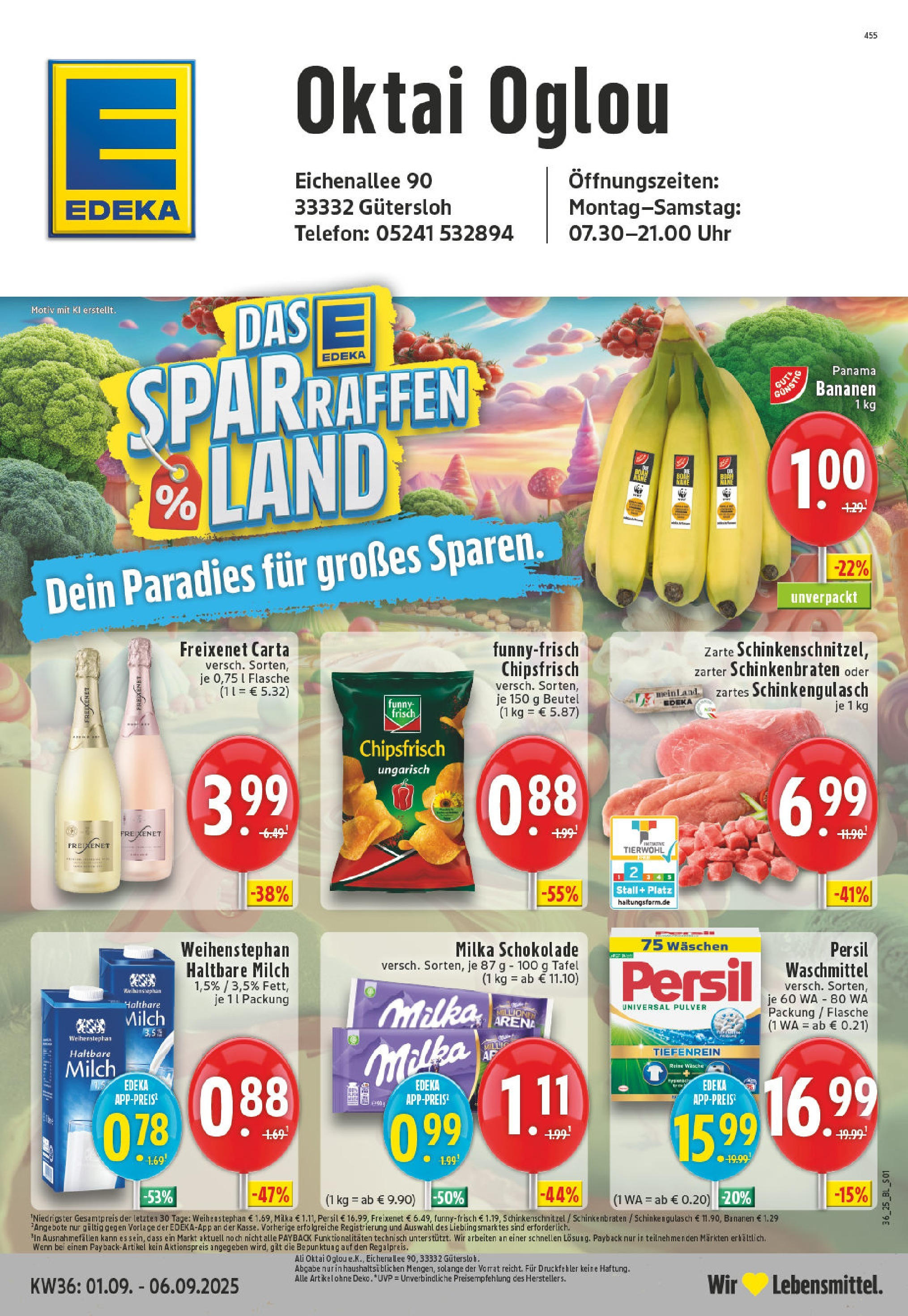 Edeka prospekt Gütersloh (ab 01.09.2025) » Angebote Online | Seite: 1 | Produkte: Schokolade, Bananen, Milka, Chips Edeka prospekt Gütersloh (ab 01.09.2025) » Angebote Online | Seite: 1 | Produkte: Schokolade, Bananen, Milka, Chips