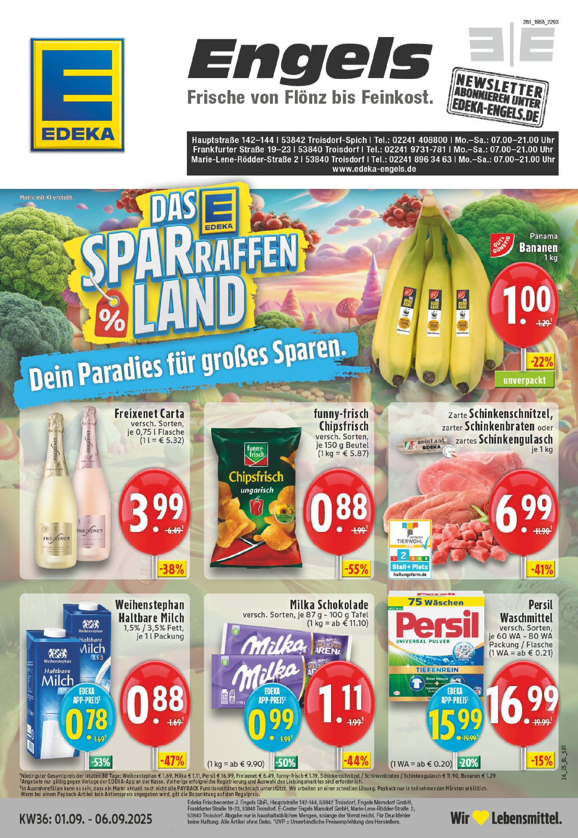 Edeka prospekt Troisdorf (ab 01.09.2025) » Angebote Online | Seite: 1 | Produkte: Milch, Milka schokolade, Bananen, Chips Edeka prospekt Troisdorf (ab 01.09.2025) » Angebote Online | Seite: 1 | Produkte: Milch, Milka schokolade, Bananen, Chips