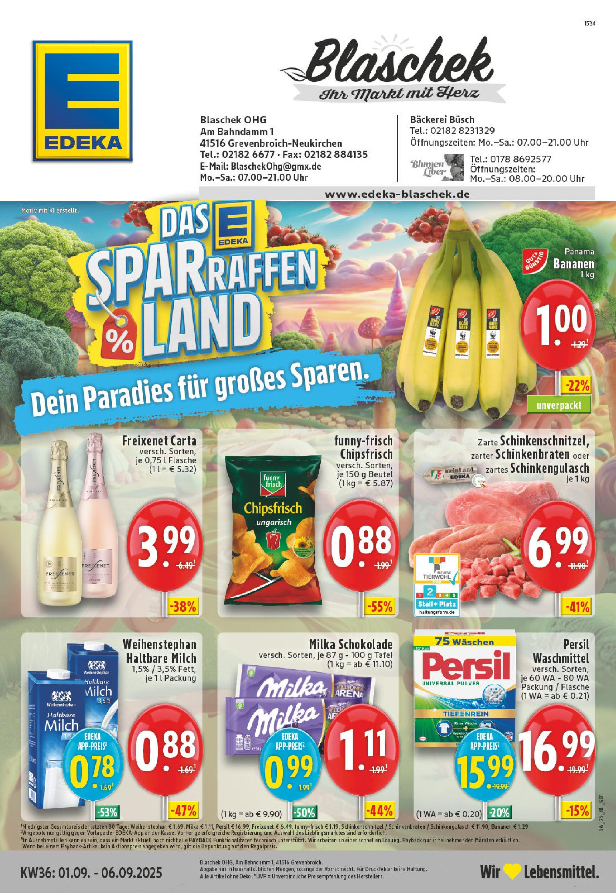 Edeka prospekt Grevenbroich (ab 01.09.2025) » Angebote Online | Seite: 1 | Produkte: Schokolade, Blumen, Bananen, Chips Edeka prospekt Grevenbroich (ab 01.09.2025) » Angebote Online | Seite: 1 | Produkte: Schokolade, Blumen, Bananen, Chips