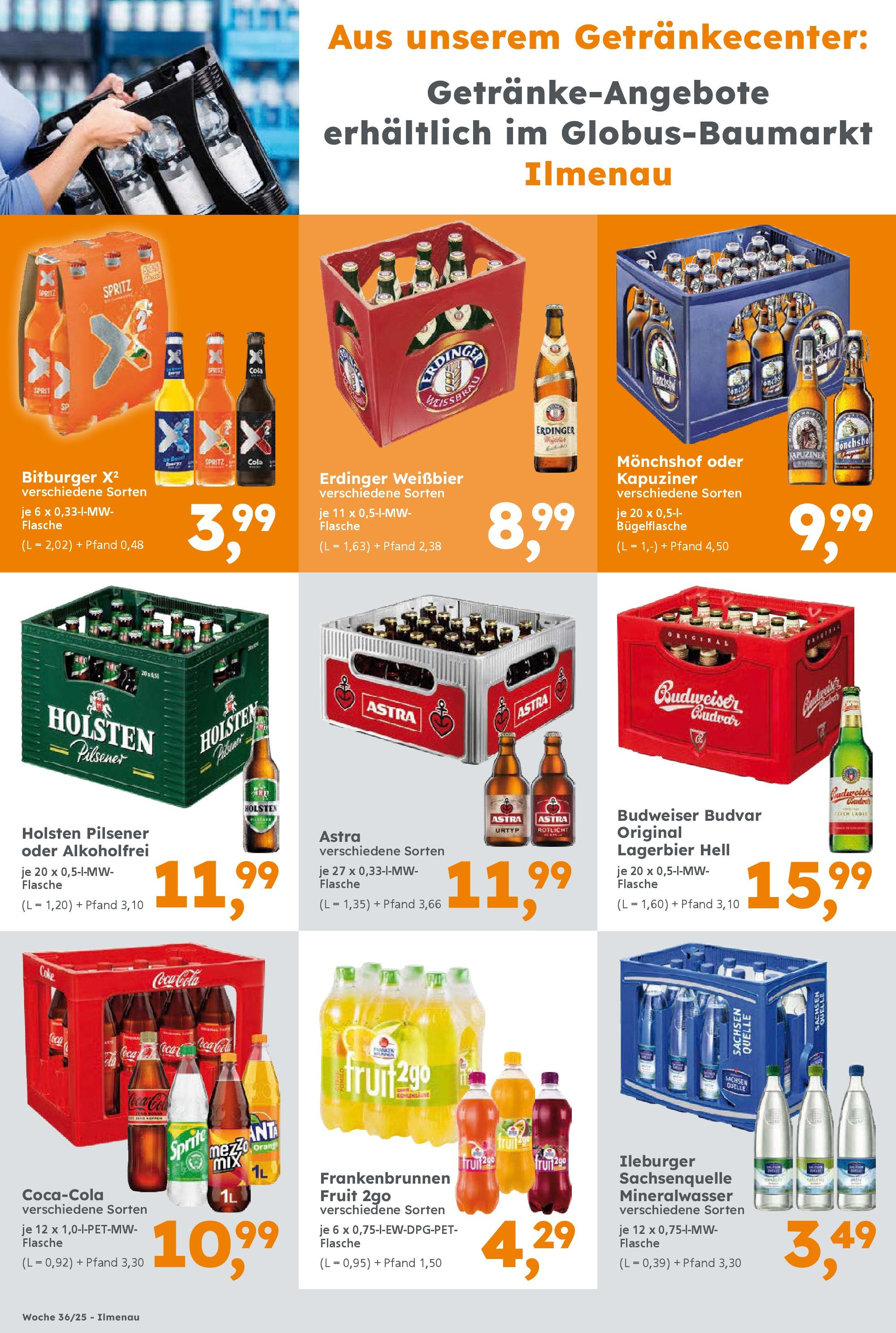Globus Baumarkt prospekt Ilmenau	 (ab 31.08.2025) zum Blättern | Seite: 16 | Produkte: Bitburger, Monchshof, Erdinger, Holsten