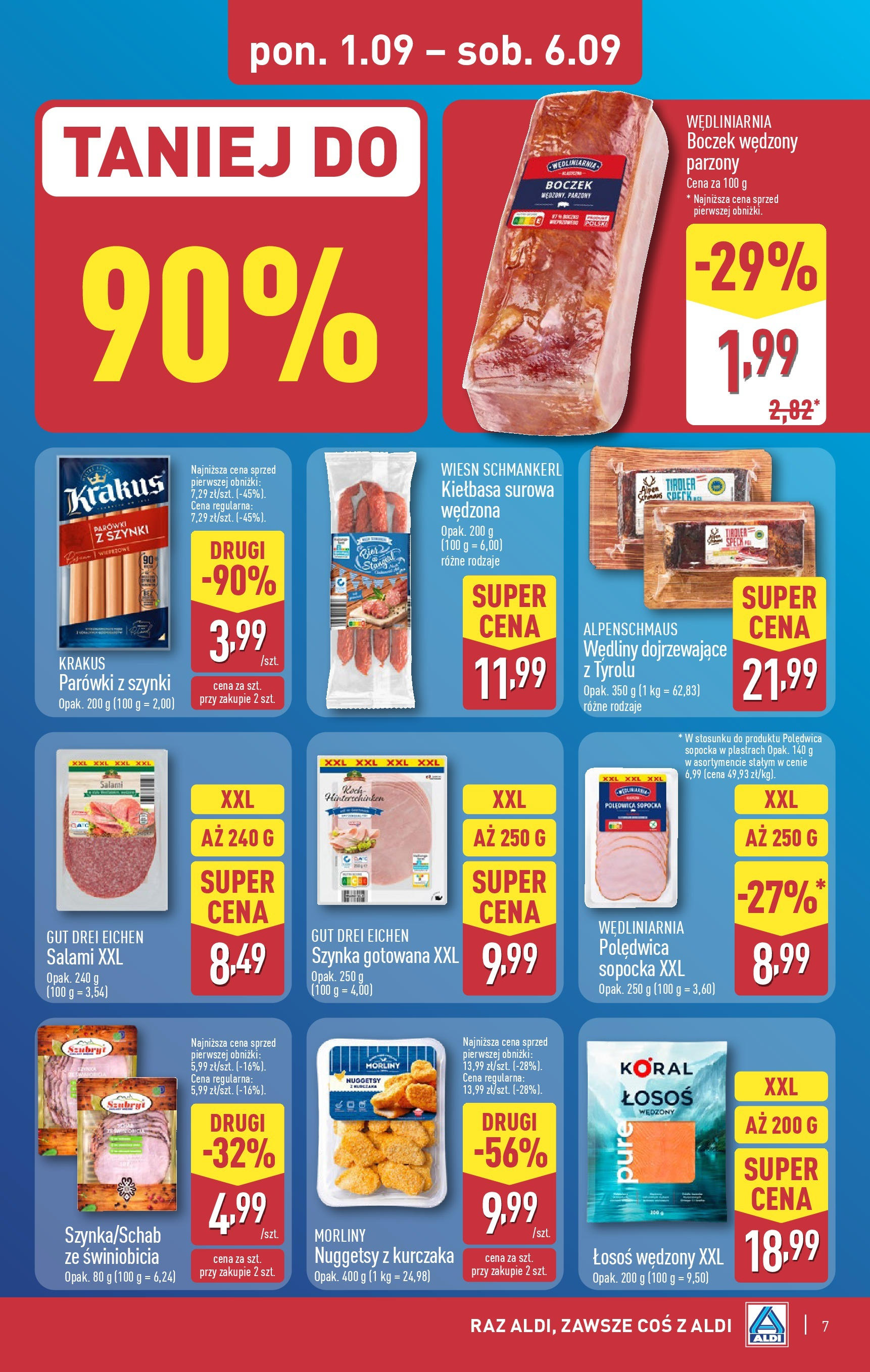 Aldi Gazetka od 01.09.2025 | Nowa PDF gazetka | Strona: 7 | Produkty: Kiełbasa, Łosoś, Boczek, Wędliny Aldi Gazetka od 01.09.2025 - Ulotka PDF, promocje | Strona: 7 | Produkty: Kiełbasa, Łosoś, Boczek, Wędliny