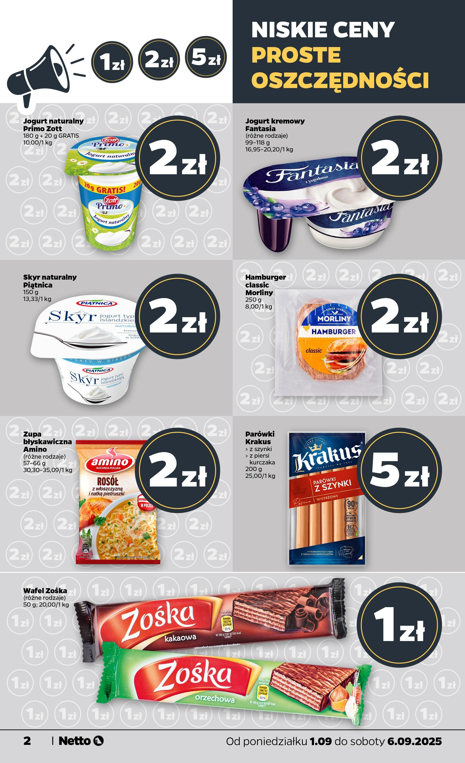 Netto gazetka - Spożywcza od 01.09.2025 | Promocje | Strona: 2 | Produkty: Piersi, Hamburger, Parówki, Jogurt Netto gazetka - Spożywcza od 01.09.2025 - Aktualne promocje | Strona: 2 | Produkty: Piersi, Hamburger, Parówki, Jogurt