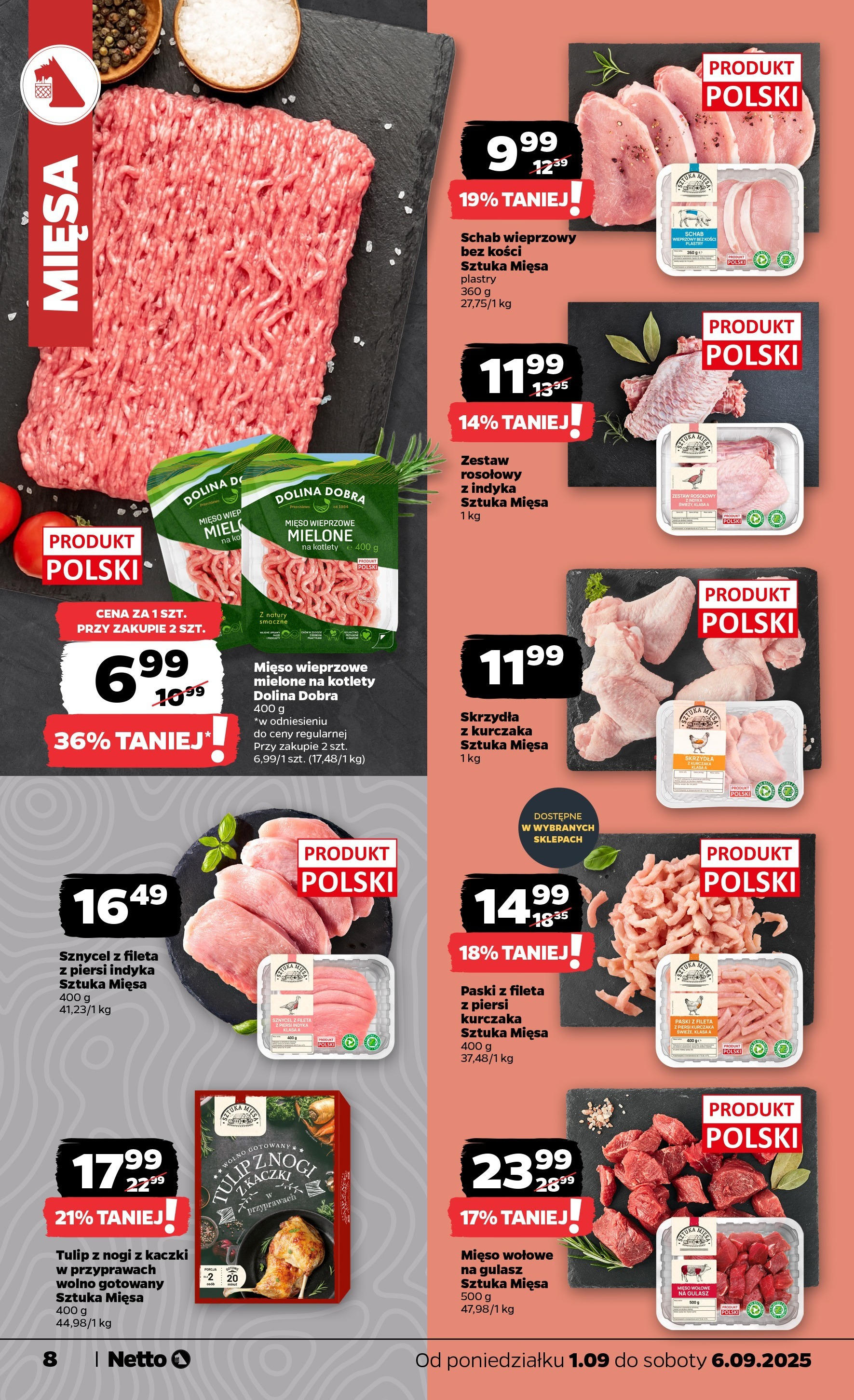 Netto gazetka - Spożywcza od 01.09.2025 | Promocje | Strona: 8 | Produkty: Piersi, Schab wieprzowy, Gulasz, Kotlety Netto gazetka - Spożywcza od 01.09.2025 - Aktualne promocje | Strona: 8 | Produkty: Piersi, Schab wieprzowy, Gulasz, Kotlety