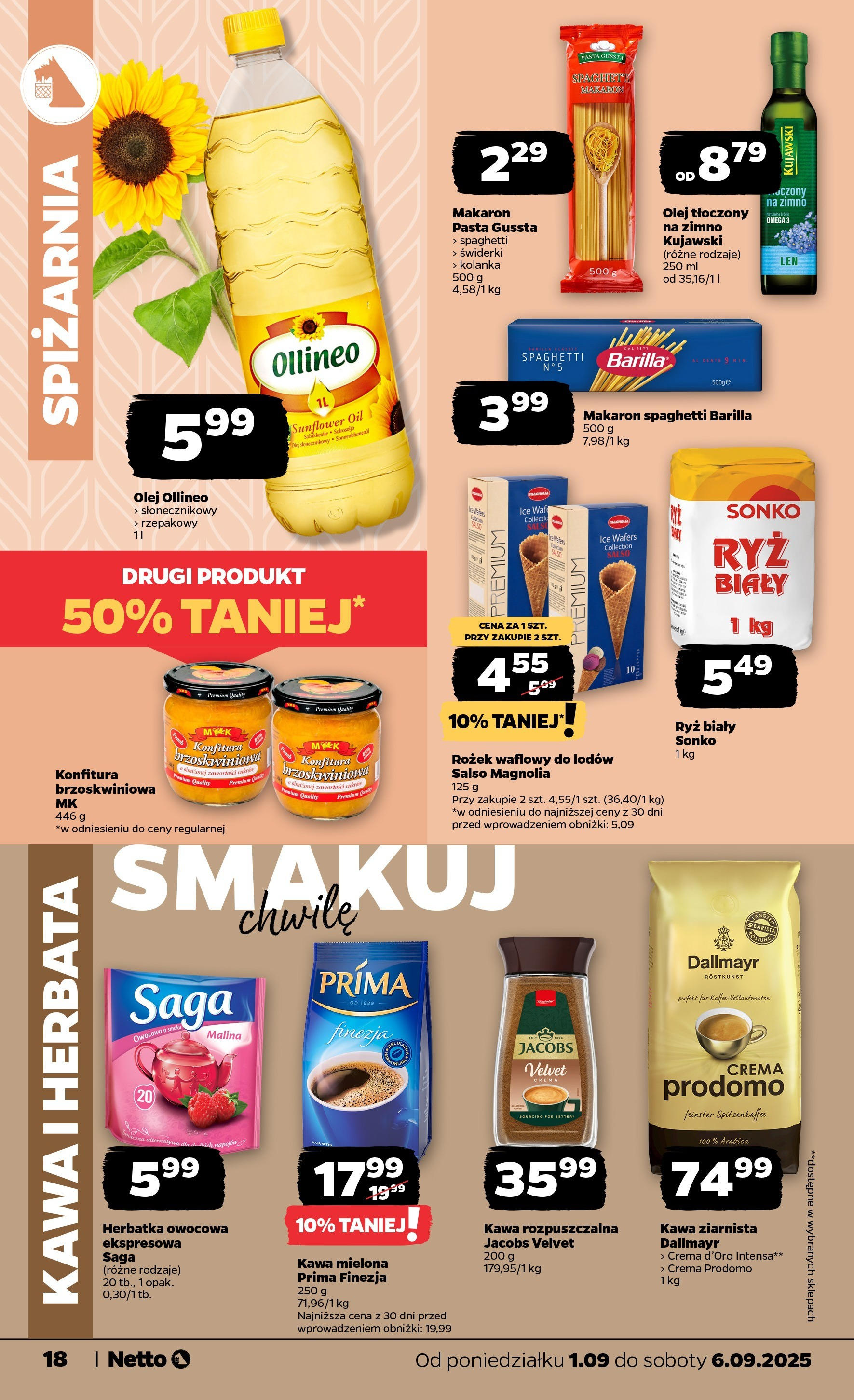 Netto gazetka - Spożywcza od 01.09.2025 | Promocje | Strona: 18 | Produkty: Olej, Kawa, Ryż, Makaron Netto gazetka - Spożywcza od 01.09.2025 - Aktualne promocje | Strona: 18 | Produkty: Olej, Kawa, Ryż, Makaron