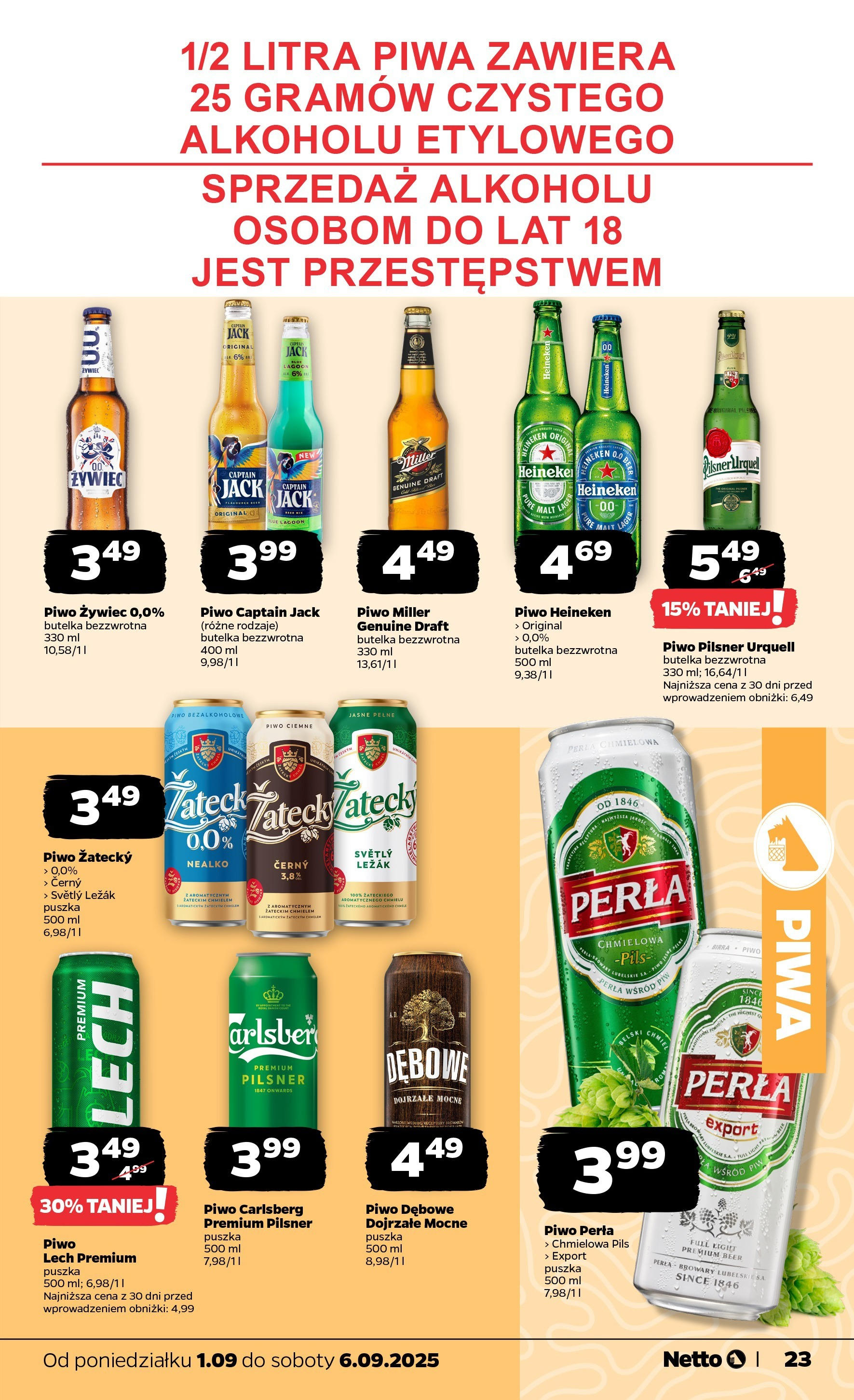 Netto gazetka - Spożywcza od 01.09.2025 | Promocje | Strona: 23 | Produkty: Leżak, Piwo Carlsberg, Piwo, Heineken Netto gazetka - Spożywcza od 01.09.2025 - Aktualne promocje | Strona: 23 | Produkty: Leżak, Piwo Carlsberg, Piwo, Heineken