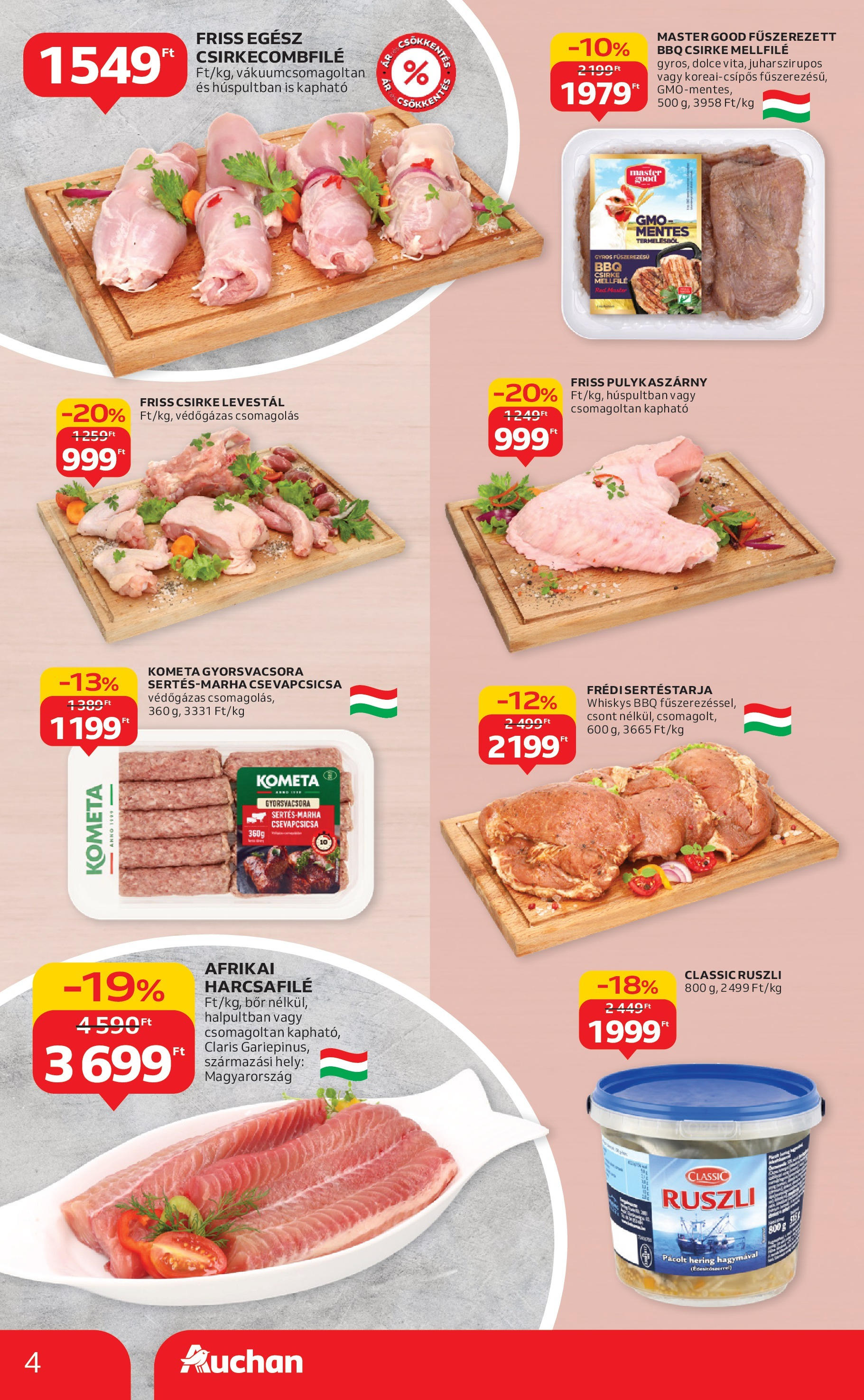 Auchan - Auchan újság érvényessége 09.03.-ig - 2025.08.29. -tól/töl > akció, lapozható szórólap 🛍️ | Oldal: 4 | Termékek: Pulykaszárny, Csirkecombfile, Afrikai harcsafilé, Hering