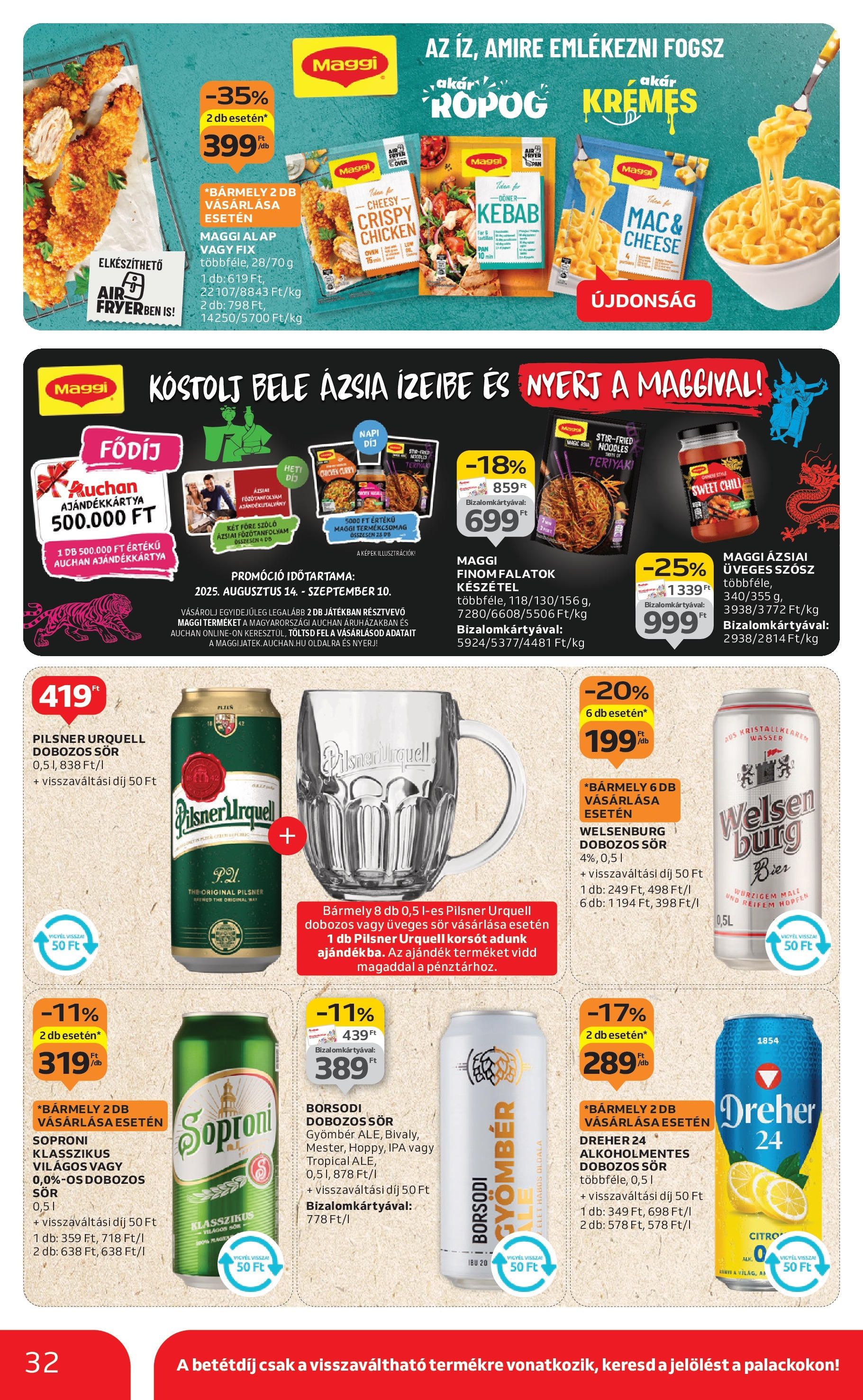 Auchan - Auchan újság érvényessége 09.03.-ig - 2025.08.29. -tól/töl > akció, lapozható szórólap 🛍️ | Oldal: 32 | Termékek: Chili, Pilsner urquell, Maggi, Dobozos sör