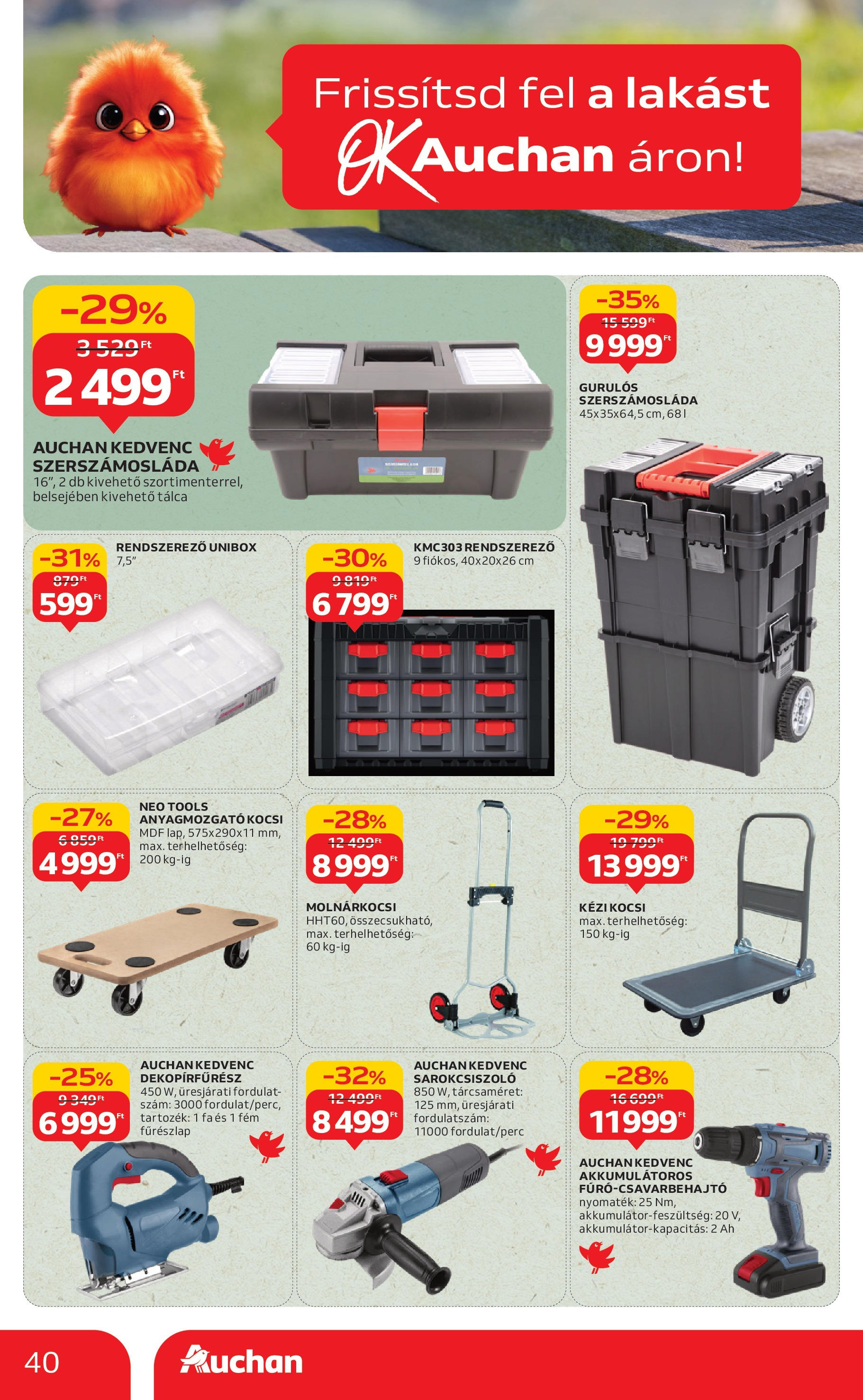 Auchan - Auchan újság érvényessége 09.03.-ig - 2025.08.29. -tól/töl > akció, lapozható szórólap 🛍️ | Oldal: 40 | Termékek: Rendszerező, Dekopírfűrész, Szerszámosláda, Molnárkocsi