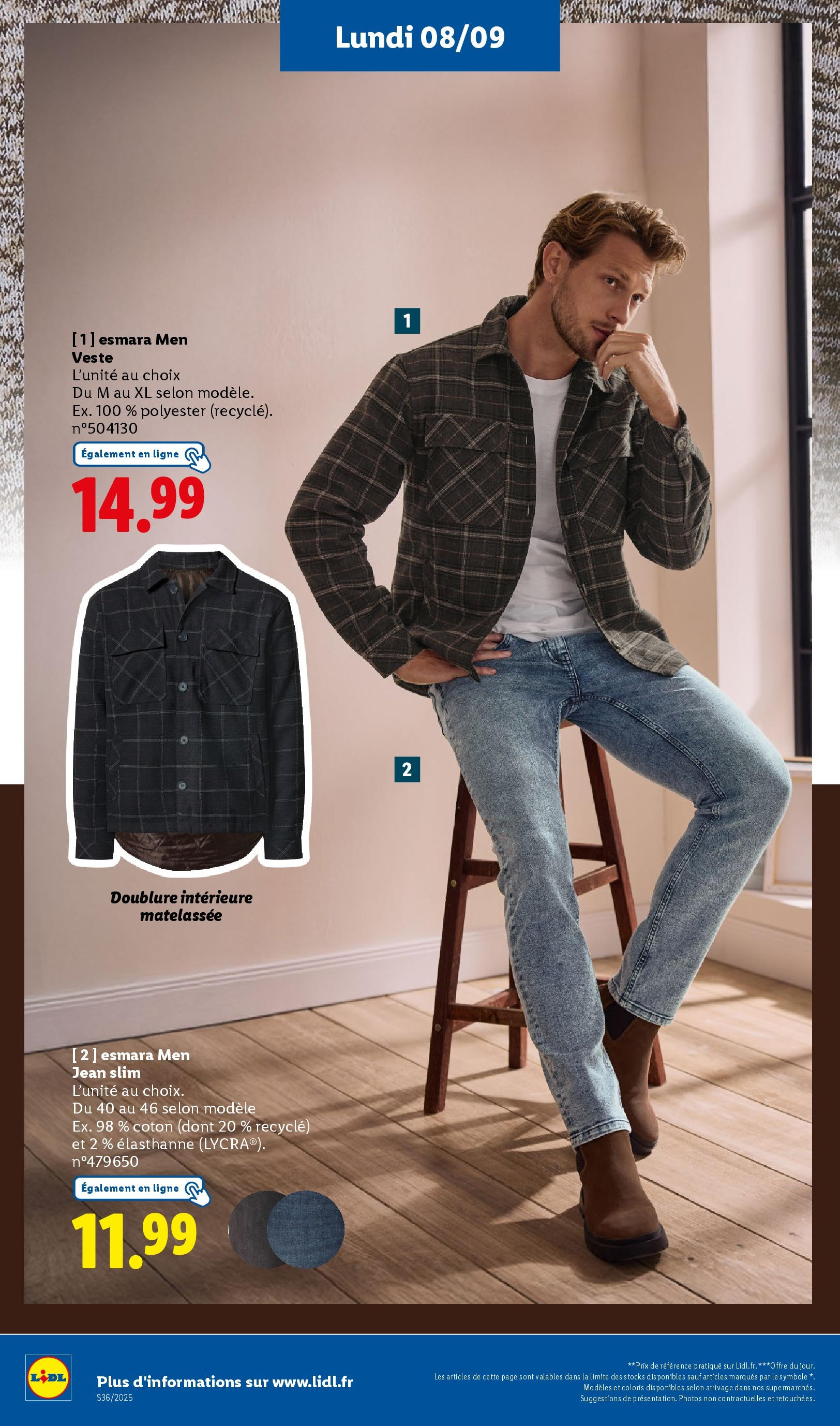 Catalogue LIDL du 03/09/2025 | Promo prospectus en ligne | Page: 68 | Produits: Jeans, Jean slim, Coton, Veste Catalogue LIDL du 03/09/2025 | Promo prospectus en ligne | Page: 68 | Produits: Jeans, Jean slim, Coton, Veste