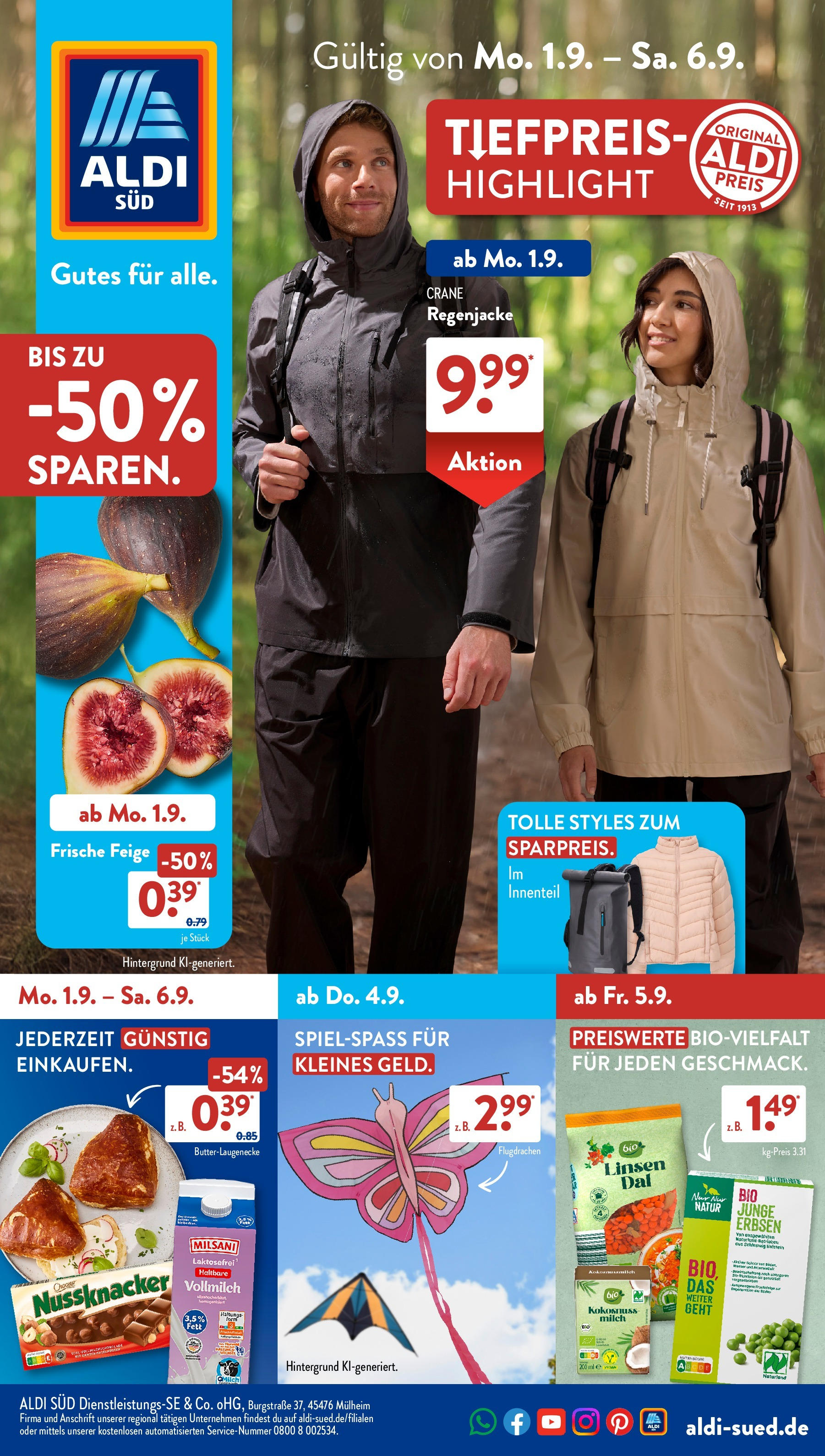 Aldi Süd Prospekt (ab 01.08.2025) zum Blättern | Seite: 1 | Produkte: Regenjacke, Milch, Erbsen Aldi Süd Prospekt (ab 01.08.2025) zum Blättern | Seite: 1 | Produkte: Regenjacke, Milch, Erbsen
