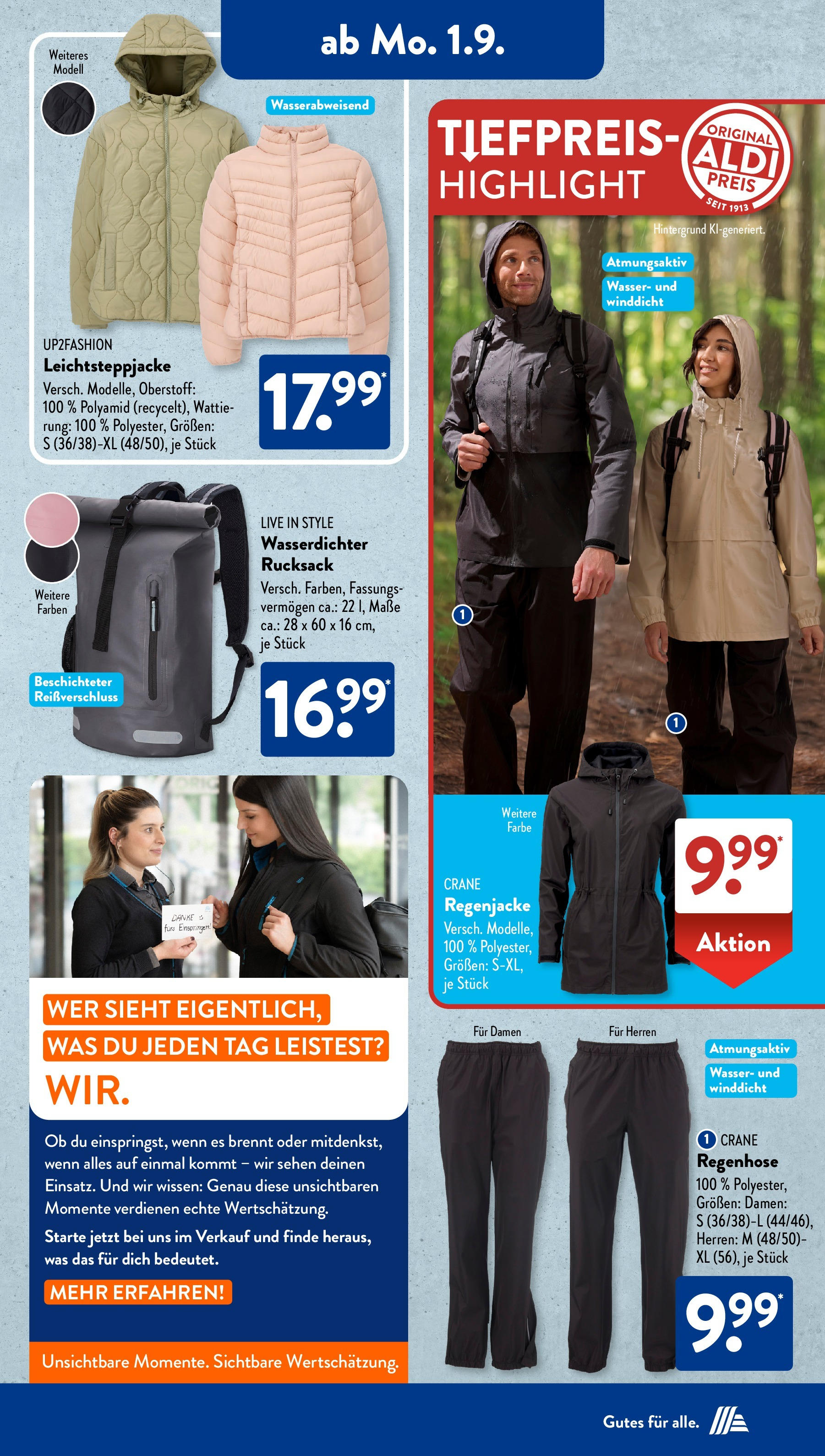 Aldi Süd Prospekt (ab 01.08.2025) zum Blättern | Seite: 17 | Produkte: Regenjacke, Up2fashion, Wasser, Rucksack Aldi Süd Prospekt (ab 01.08.2025) zum Blättern | Seite: 17 | Produkte: Regenjacke, Up2fashion, Wasser, Rucksack