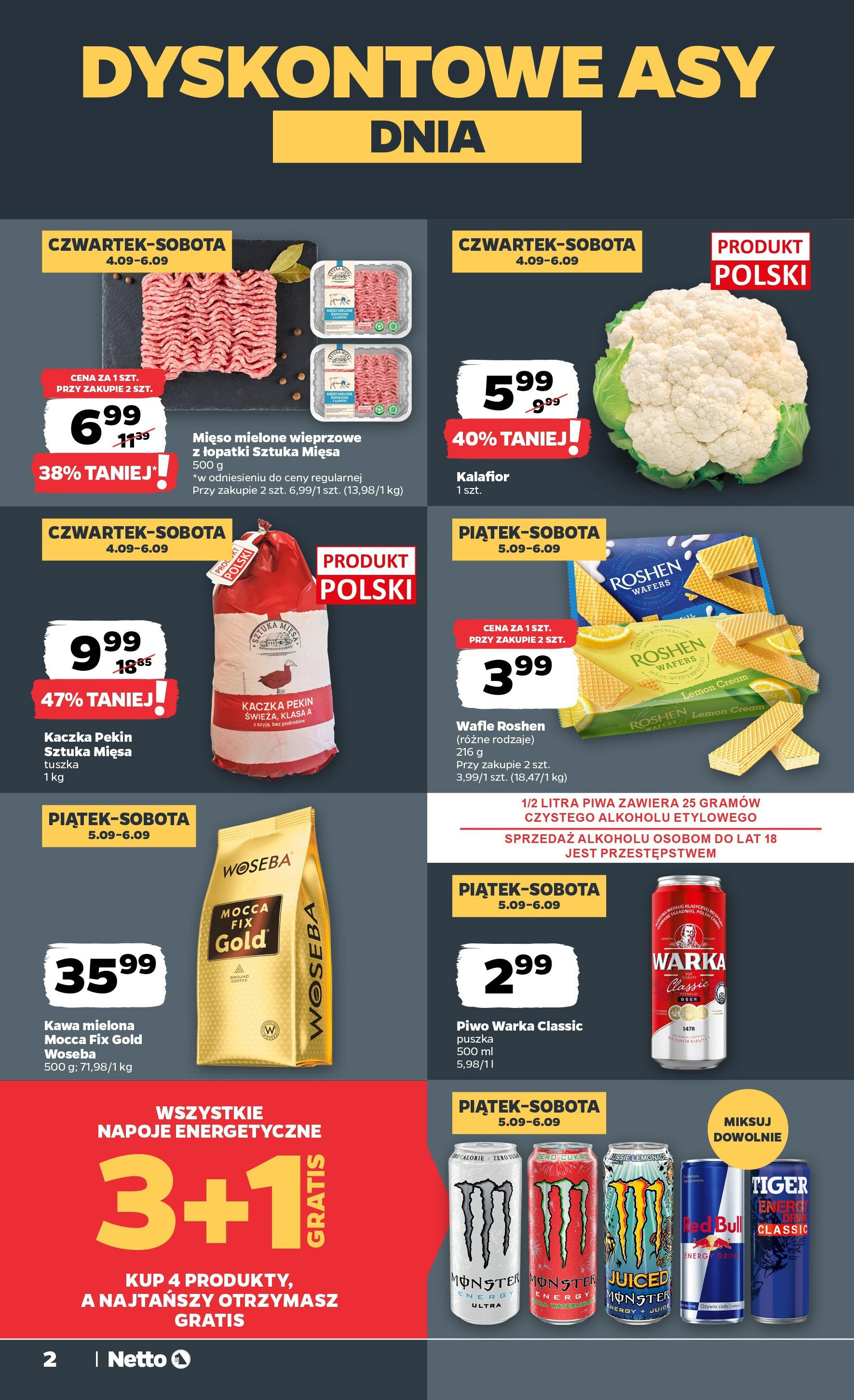 Netto gazetka - Spożywcza od 04.09.2025 | Promocje | Strona: 2 | Produkty: Kaczka, Mięso mielone, Kawa, Piwo Netto gazetka - Spożywcza od 04.09.2025 - Aktualne promocje | Strona: 2 | Produkty: Kaczka, Mięso mielone, Kawa, Piwo