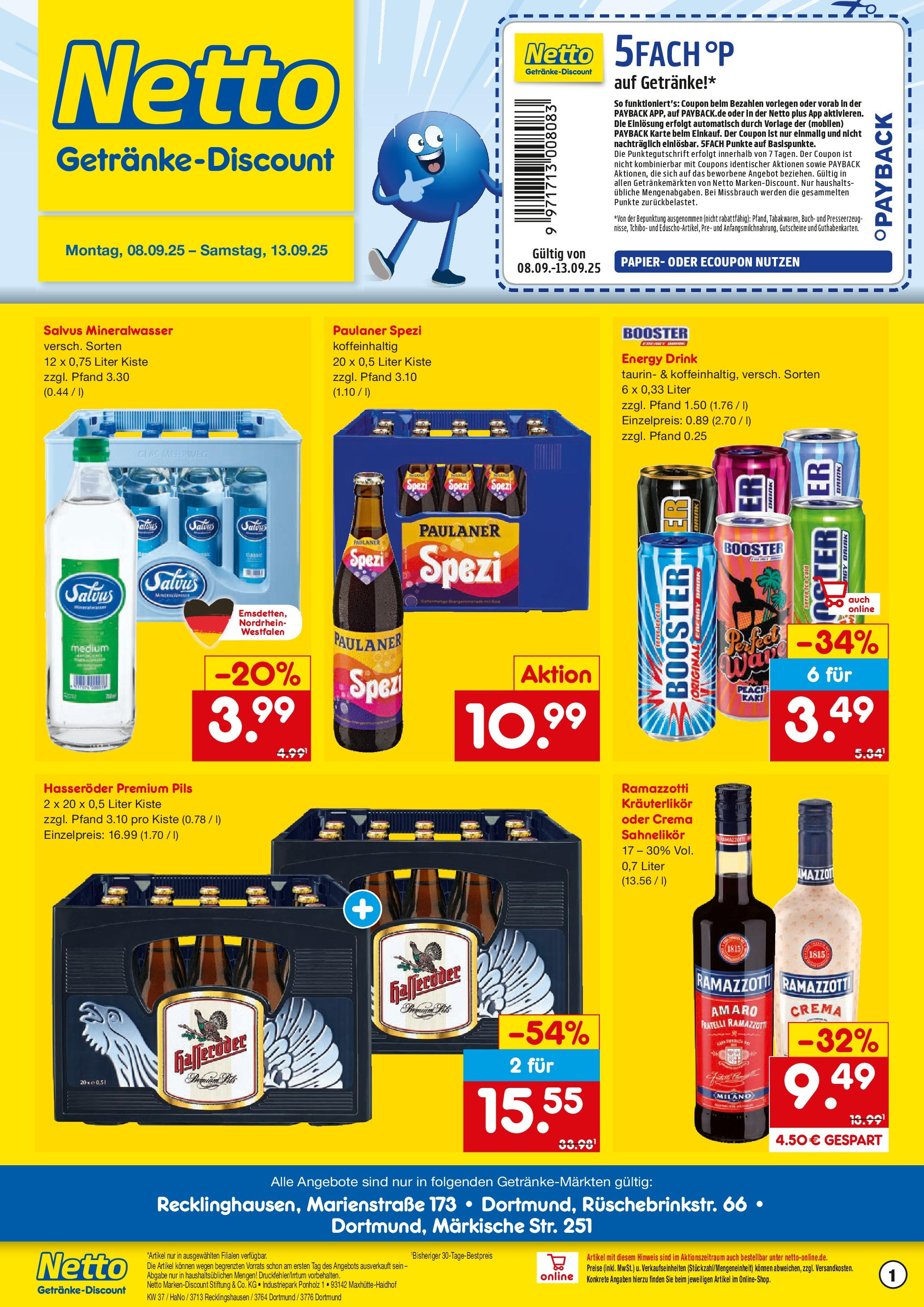 Netto Marken-Discount prospekt Dortmund	 (ab 08.09.2025) » Angebote | Seite: 1 | Produkte: Pils, Mineralwasser, Kaki, Ramazzotti