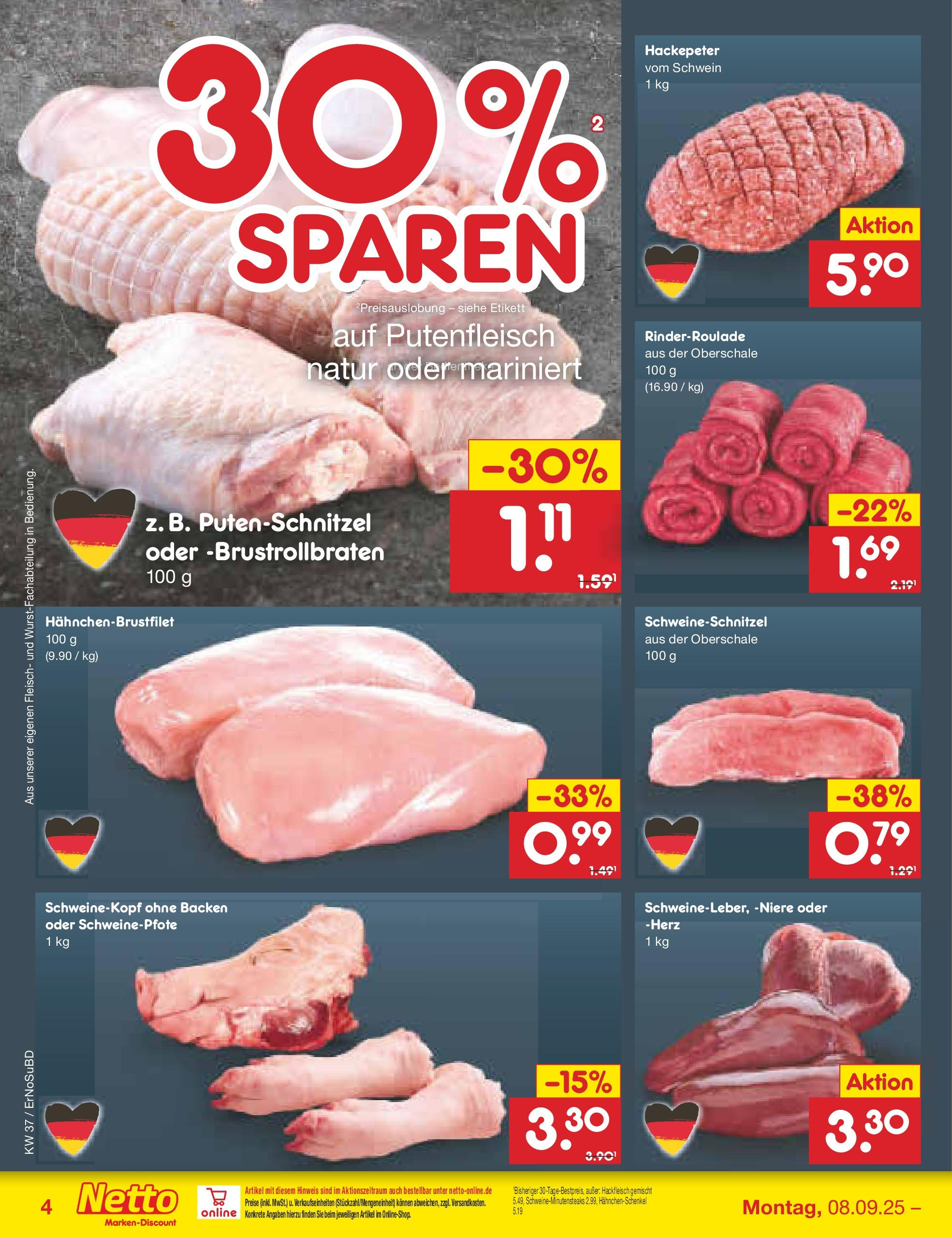 Netto Marken-Discount prospekt Weimar	 (ab 07.09.2025) » Angebote | Seite: 4 | Produkte: Hahnchenschenkel, Putenschnitzel, Fleisch, Hackfleisch